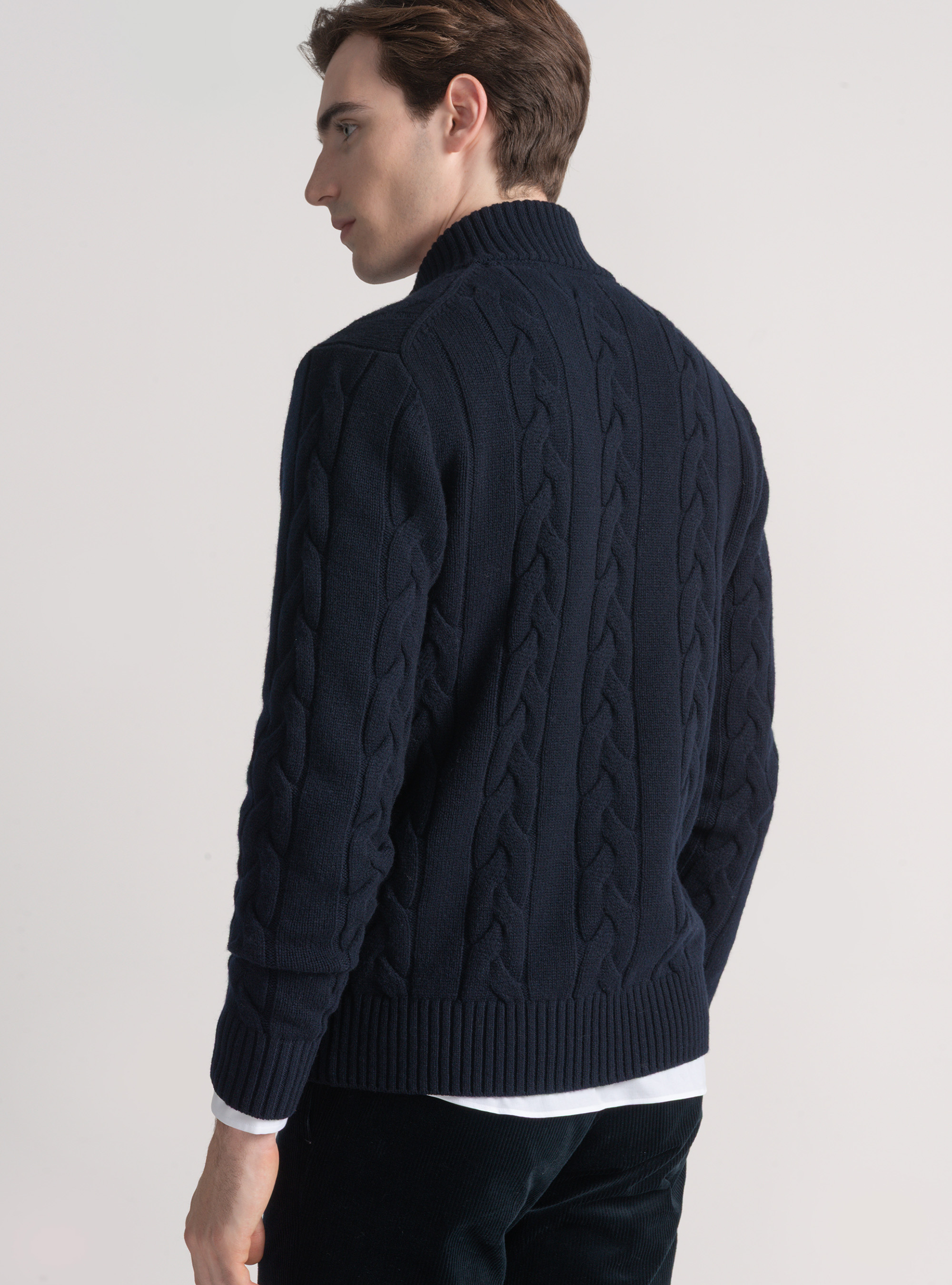 Maglia con zip e treccia in lana cashmere, BLU NAVY