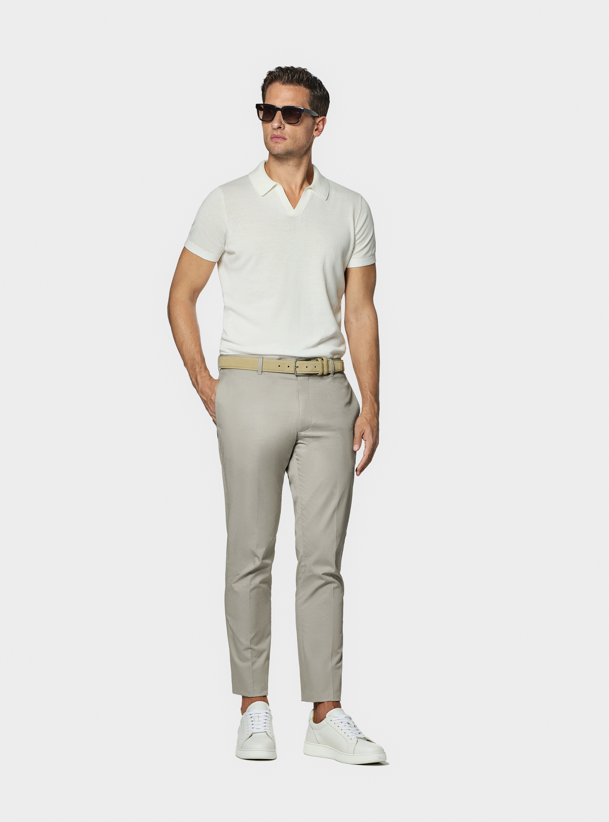 Polo in maglia senza bottoni in cotone extrafine, BIANCO