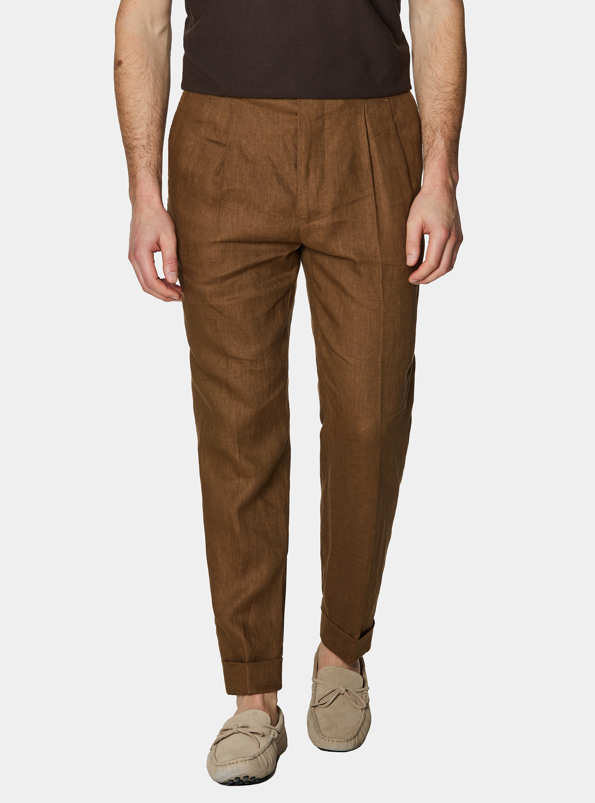 Pantaloni con pince in puro lino, TABACCO