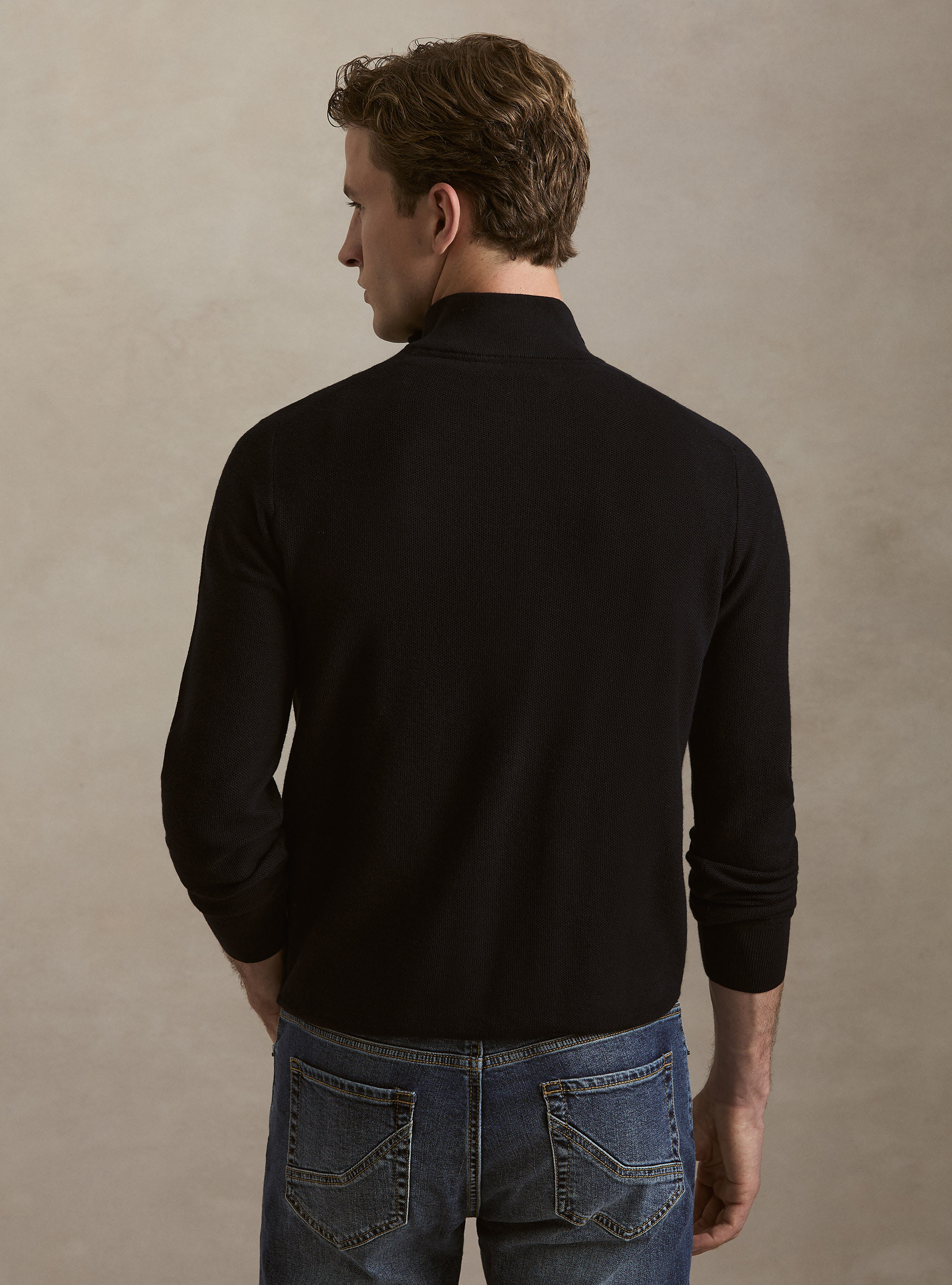Maglia con mezza zip nido d'ape in cotone cashmere, AZUL MARINO