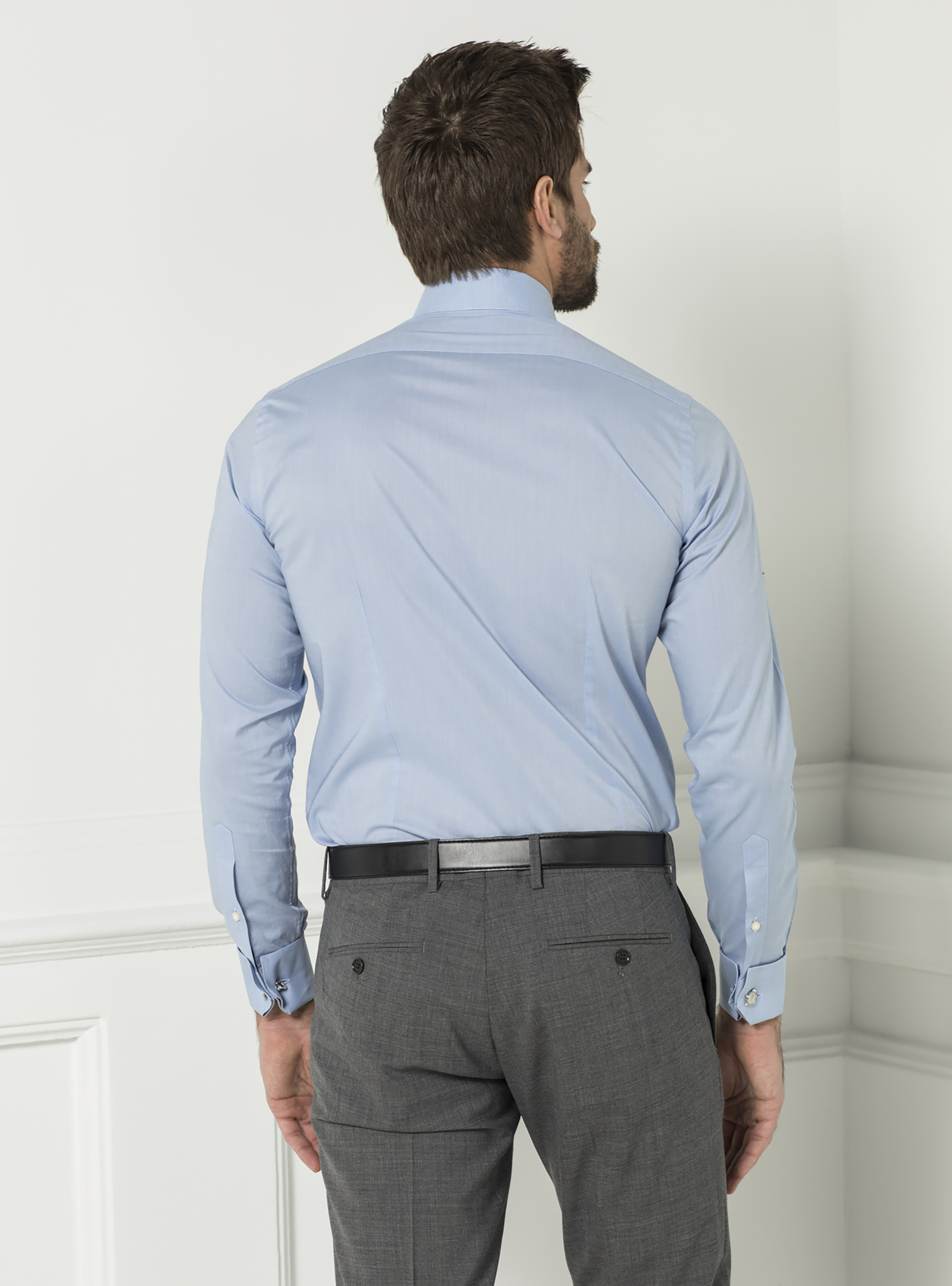 Chemise &agrave; col italien en mousseline de coton unie, BLEU CIEL