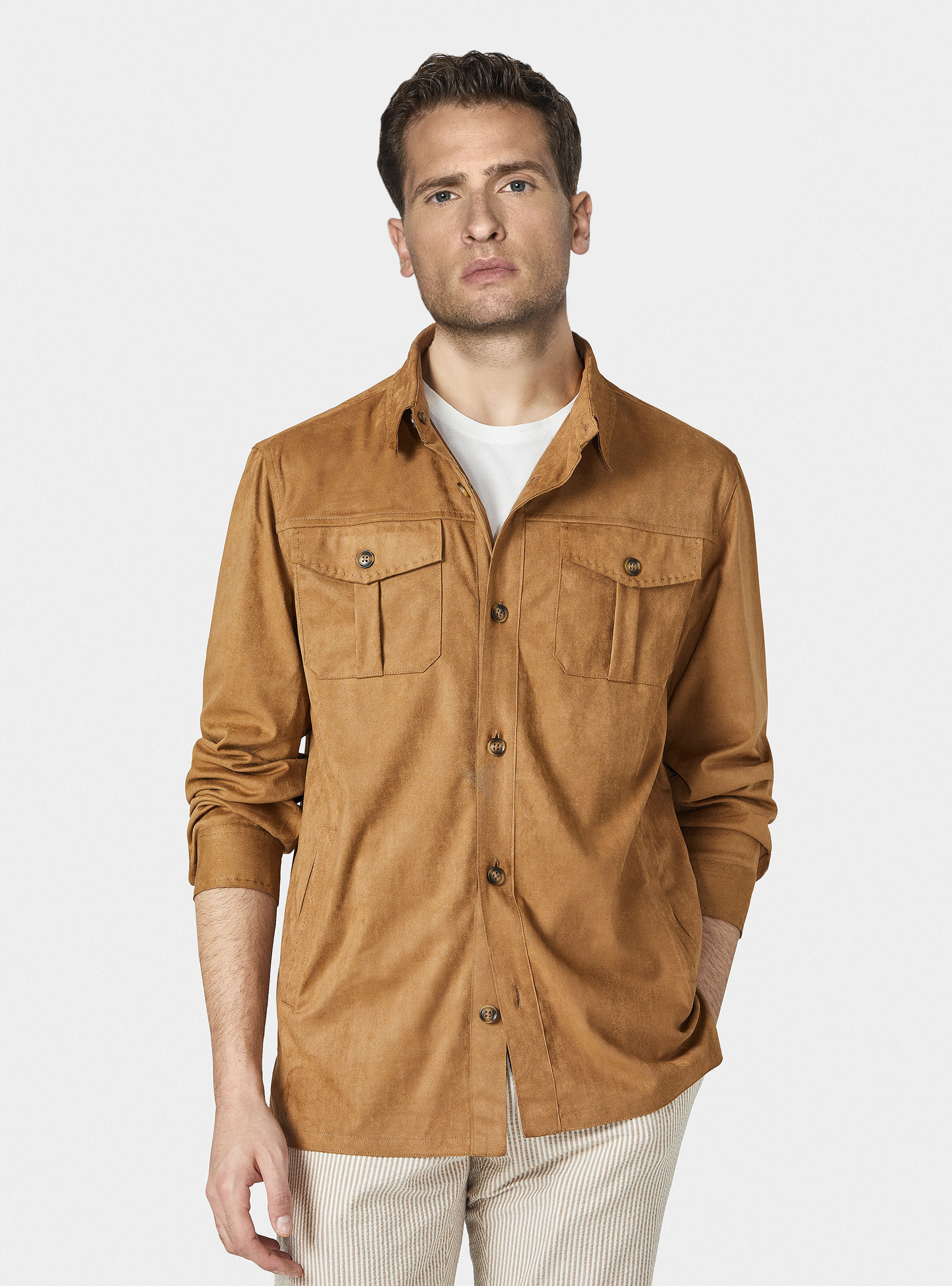 Giacca camicia effetto scamosciato, MARRONE