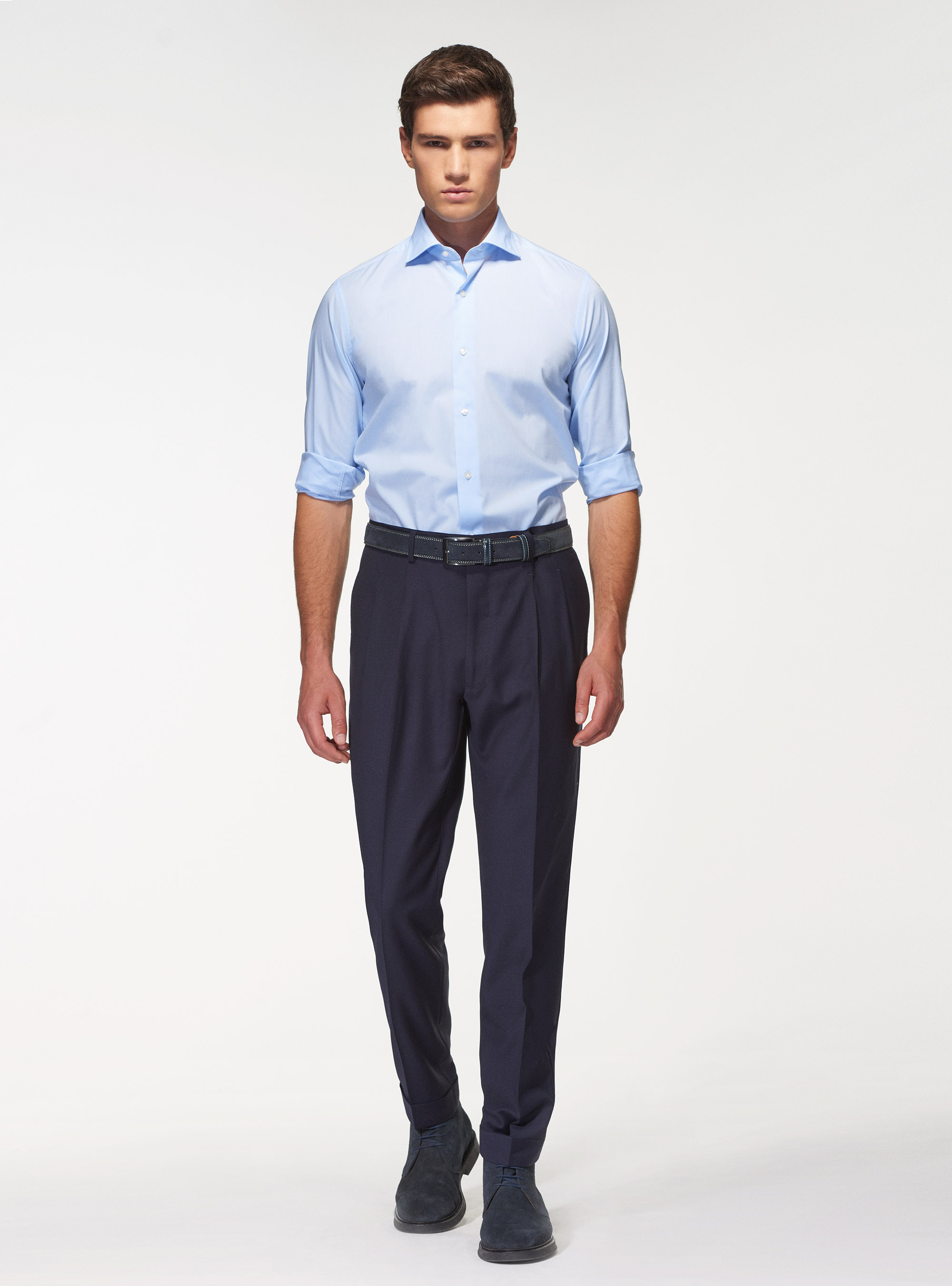 Camicia slim fit in popeline di cotone stretch, AZZURRO