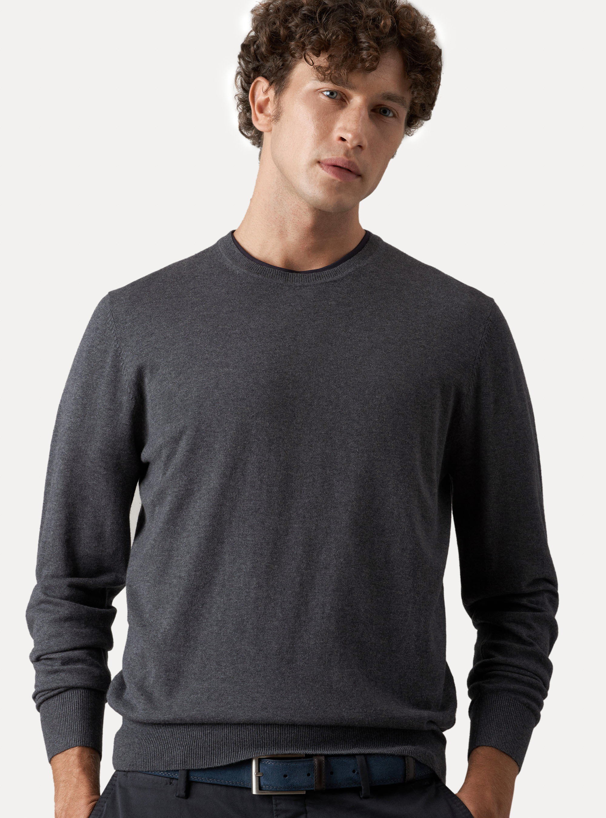 Jersey de punto de algod&oacute;n y cachemira de cuello redondo., GRIS MARENGO