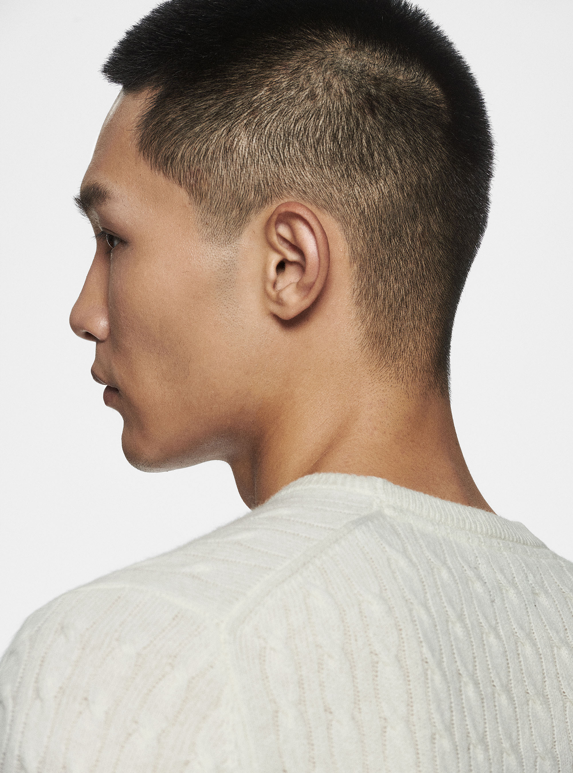 Maglia girocollo in lana cashmere a treccia, BIANCO