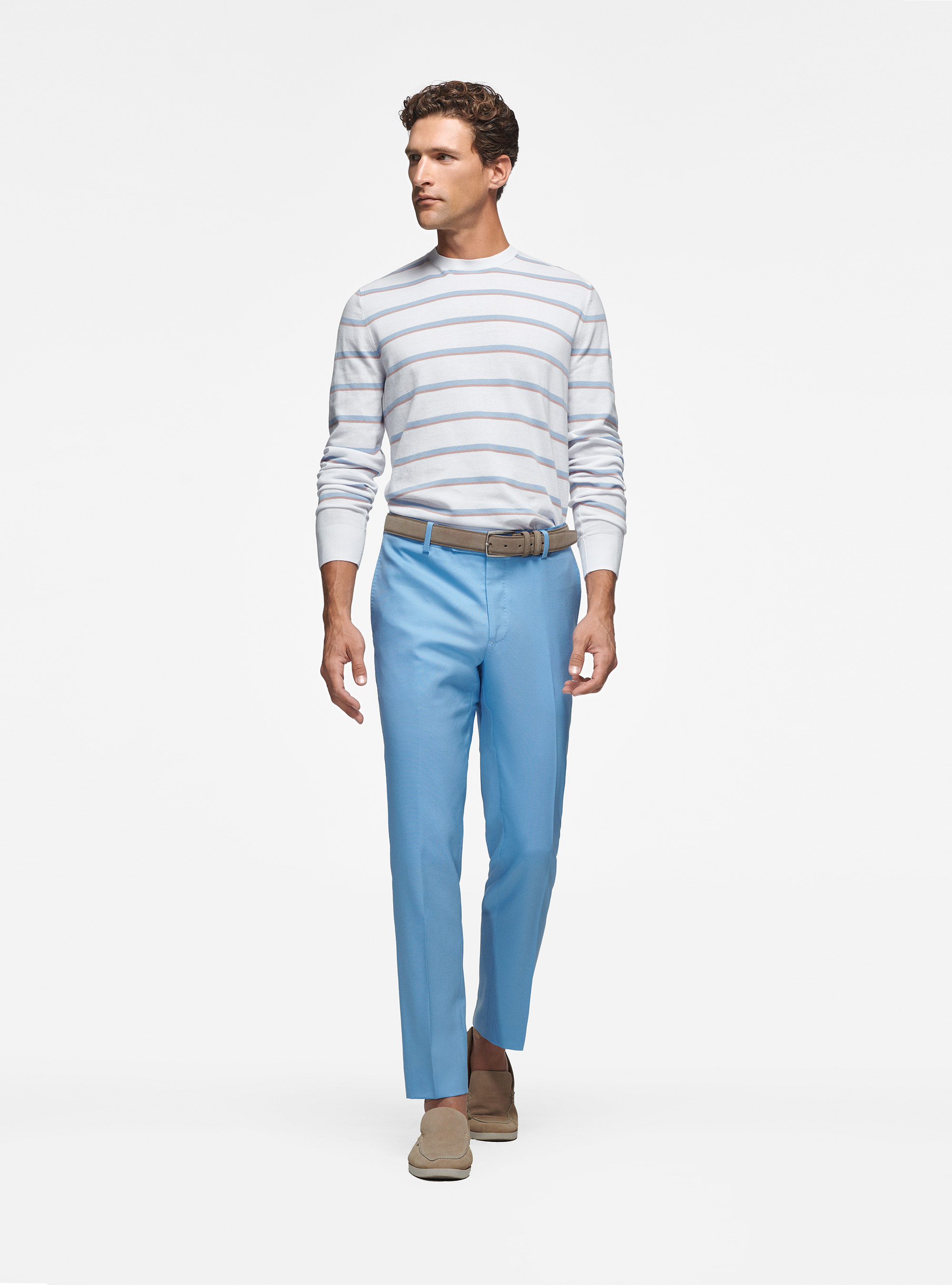 Crew-neck sweater in striped cotton, WHITE