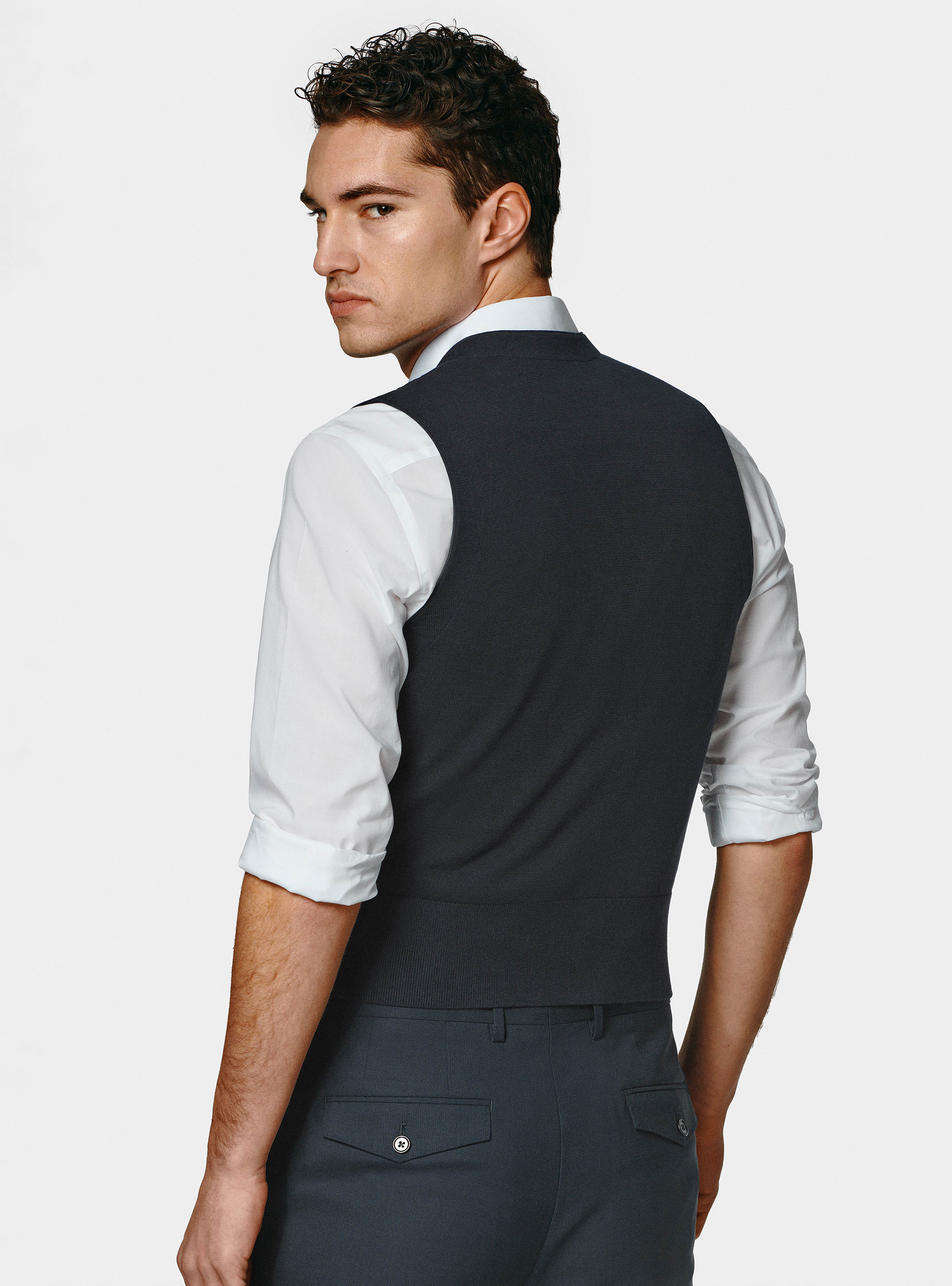 Double-breasted cotton knit waistcoat, NAVY BLUE