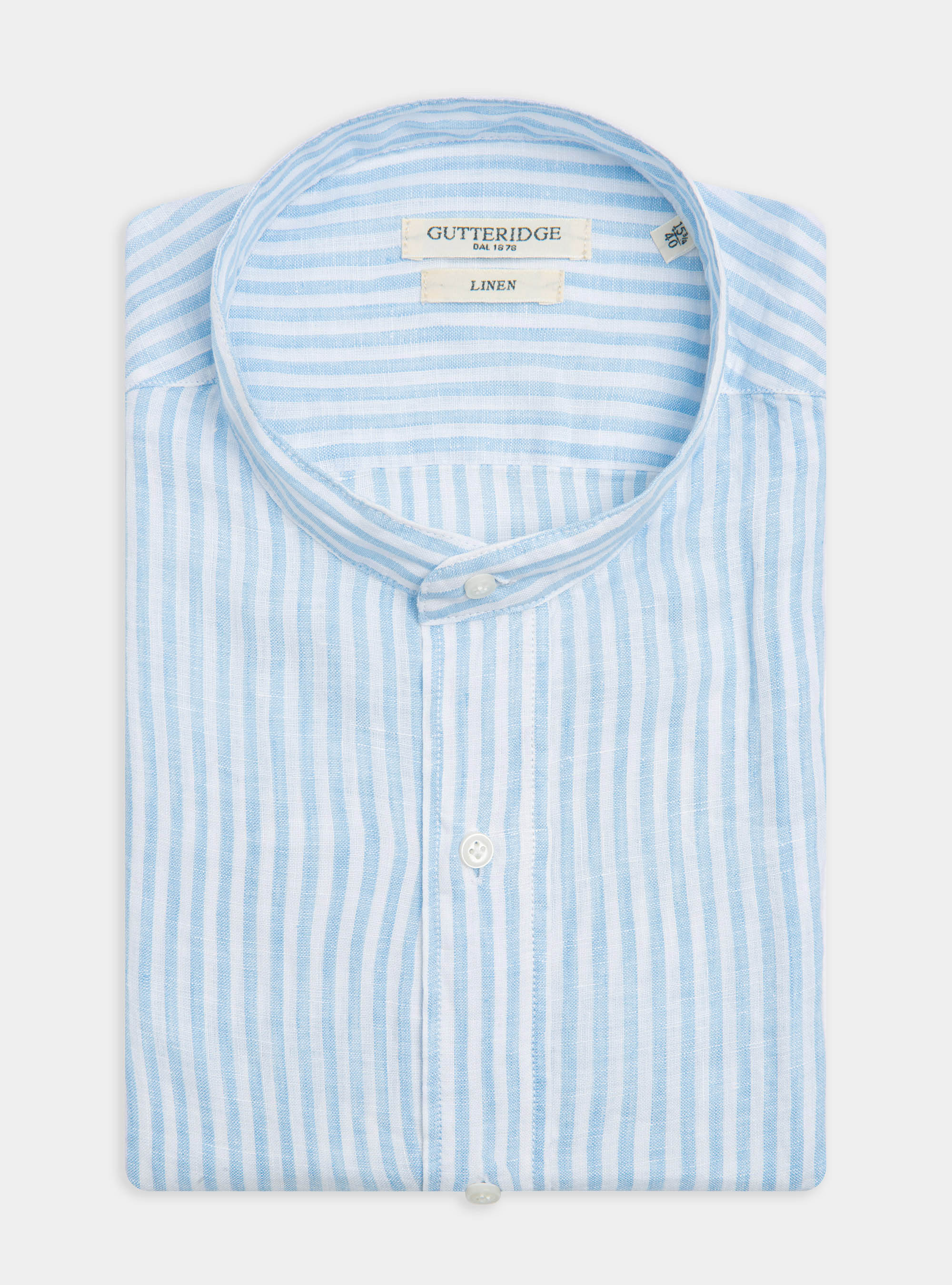 Camicia collo coreano in puro lino rigato, AZZURRO