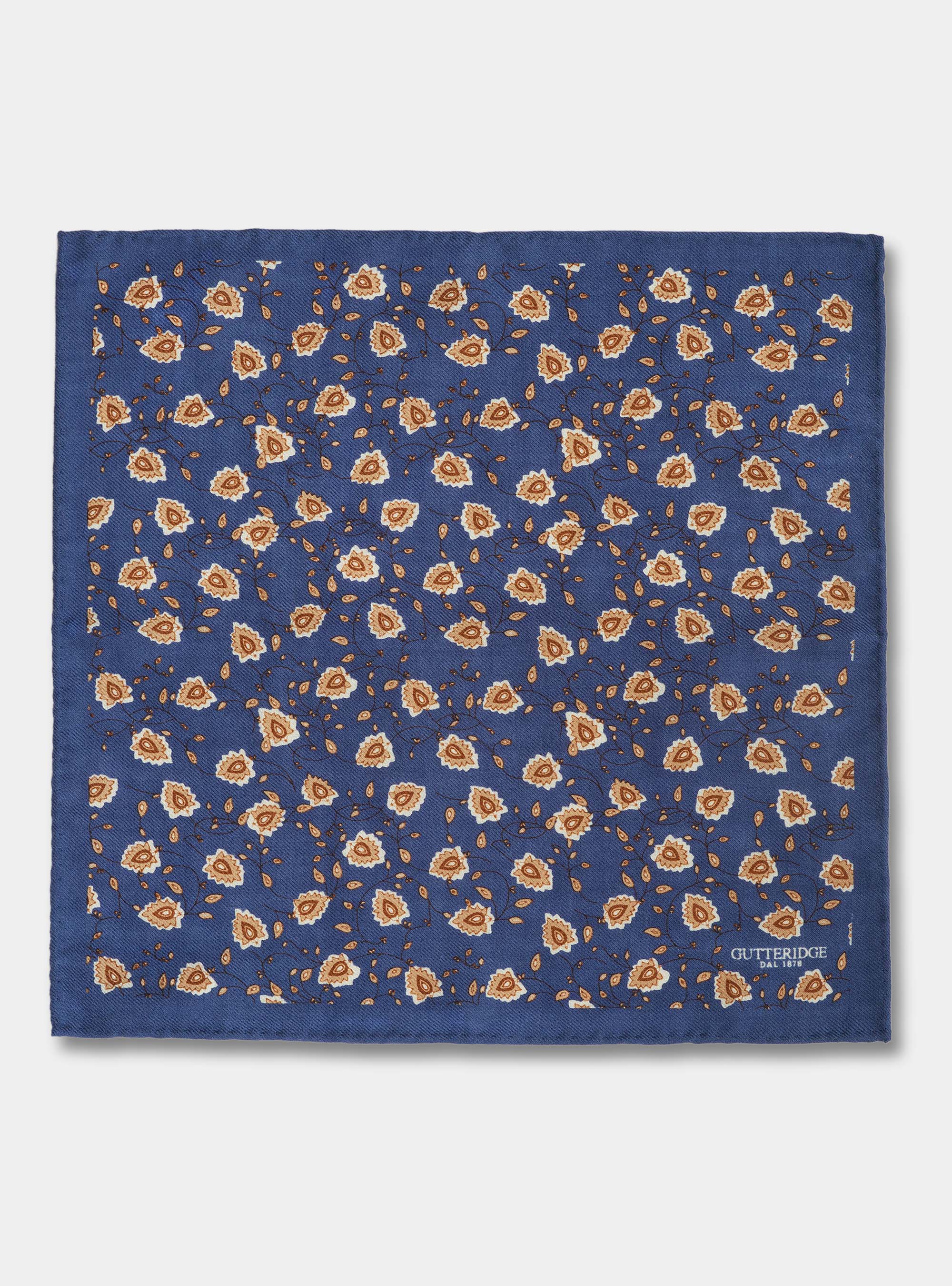 Flower print wool pocket square, BLUE