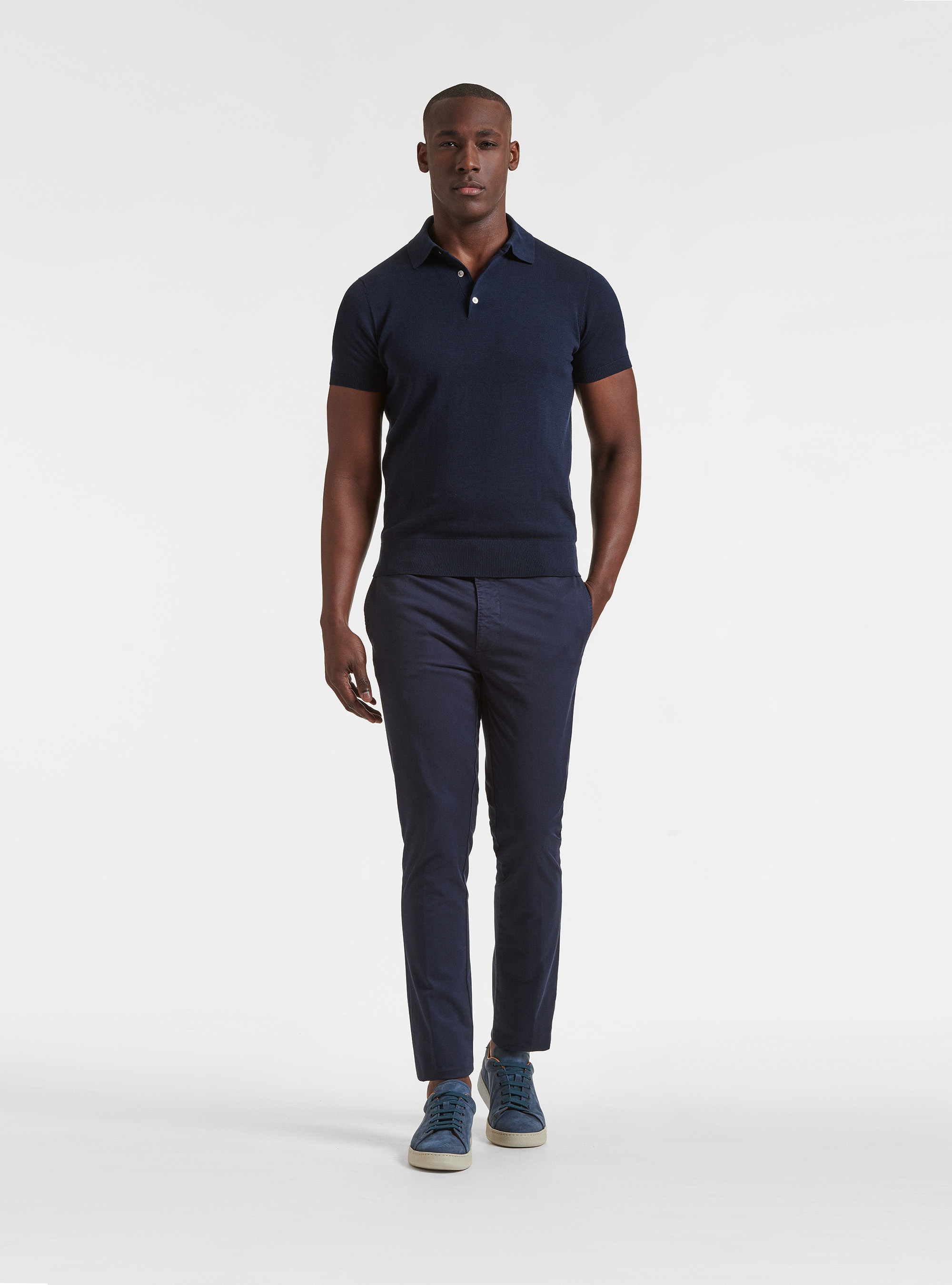 Polo tricot&eacute; en pur coton extra-fin, BLEU MARINE