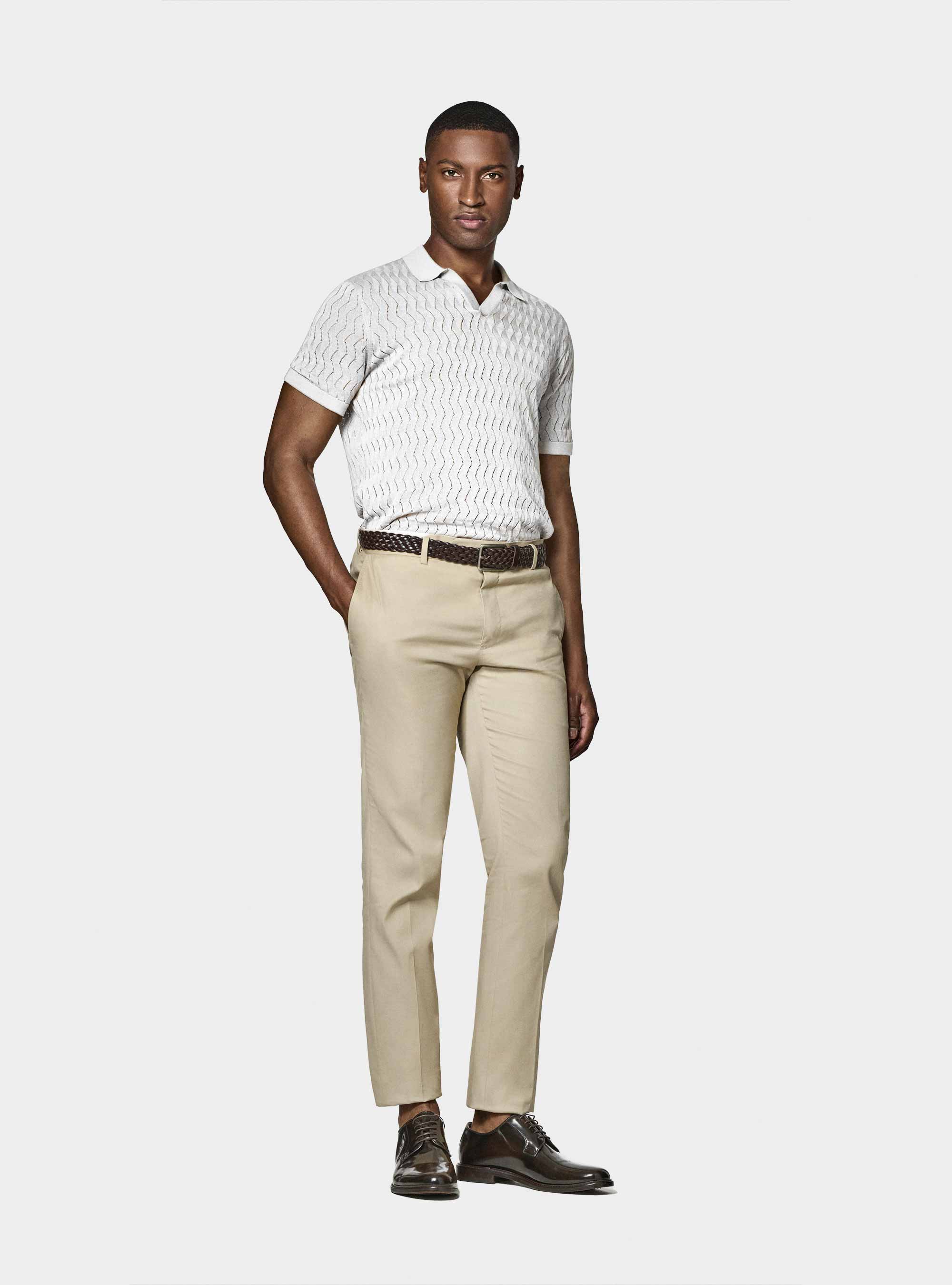 Polo in maglia traforata senza bottoni in cotone e seta, BIANCO