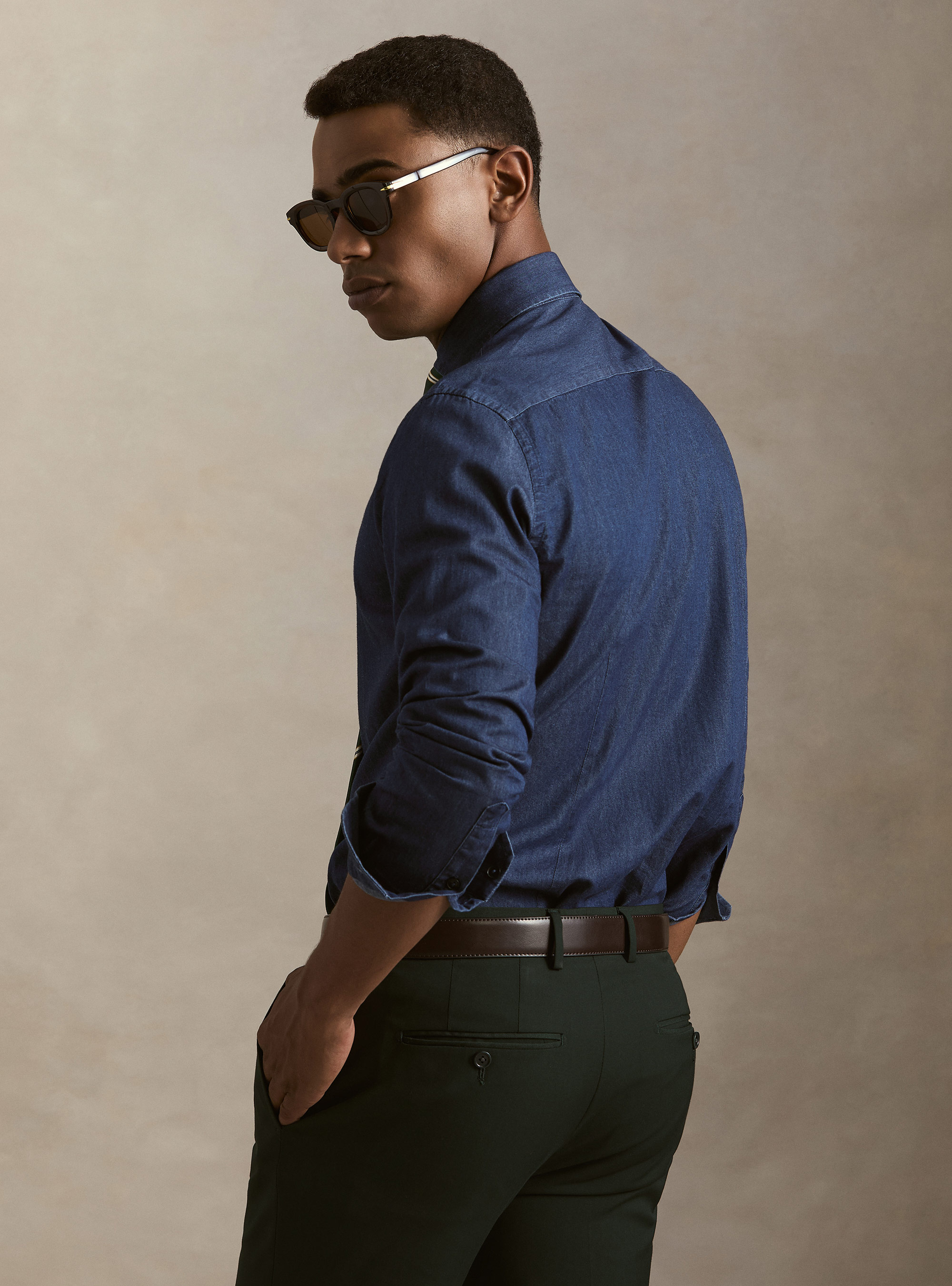 Chambray cotton denim shirt, NAVY BLUE