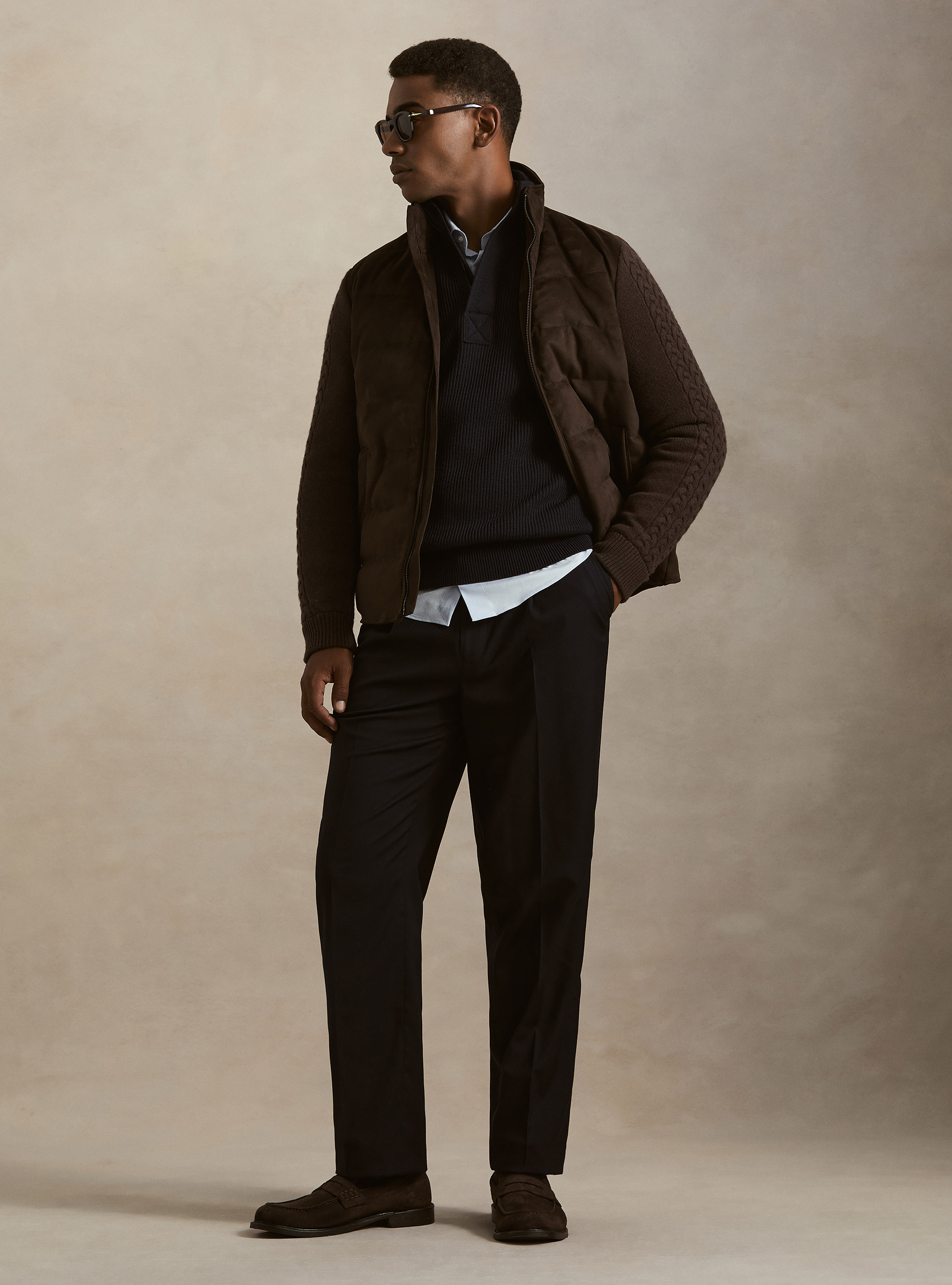 Quilted suede-effect jacket with wool sleeves, MARRONE 0508C