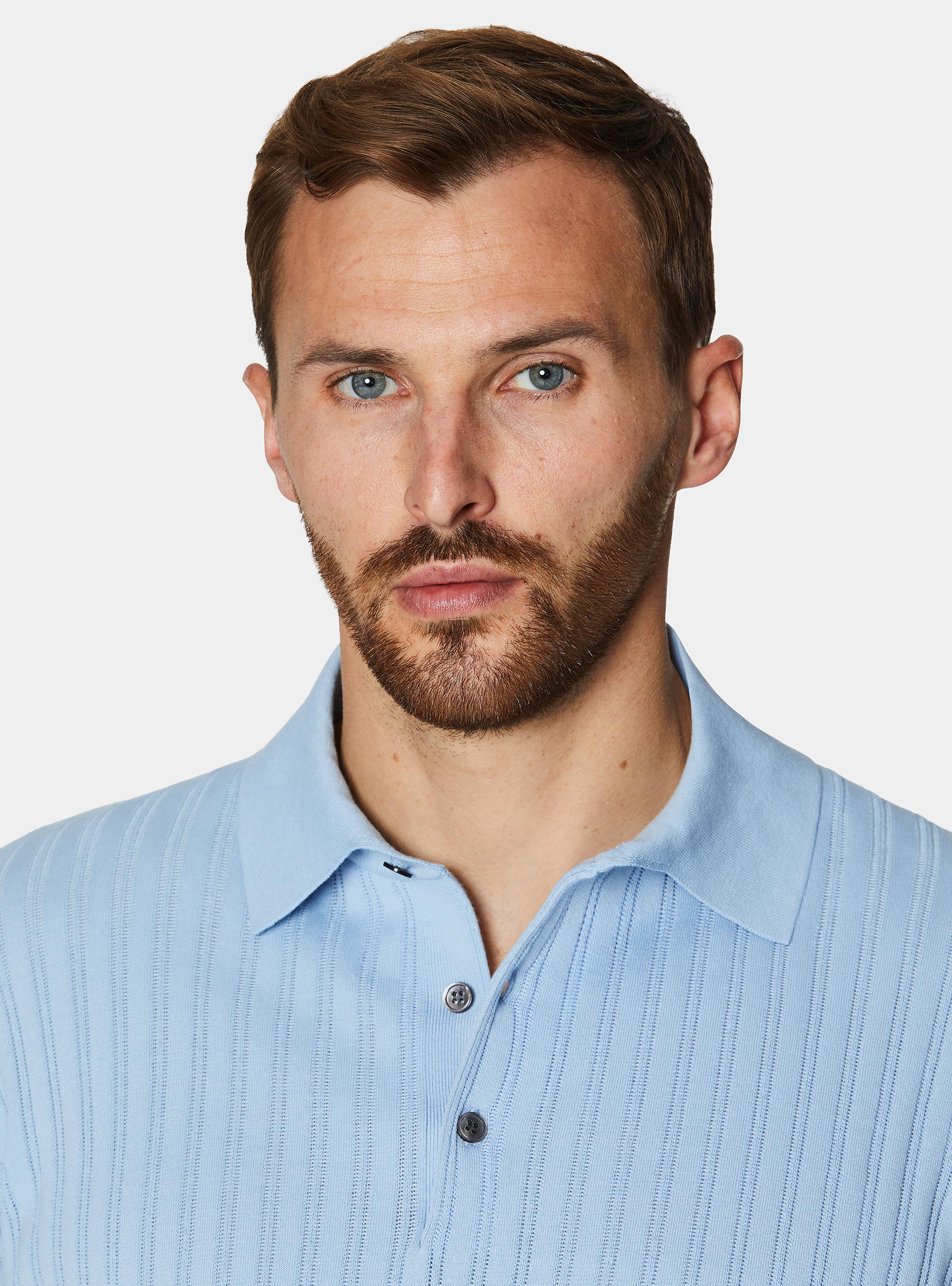 Extra-fine cotton knit polo shirt with openwork ribbing, 0266C AZZURRO