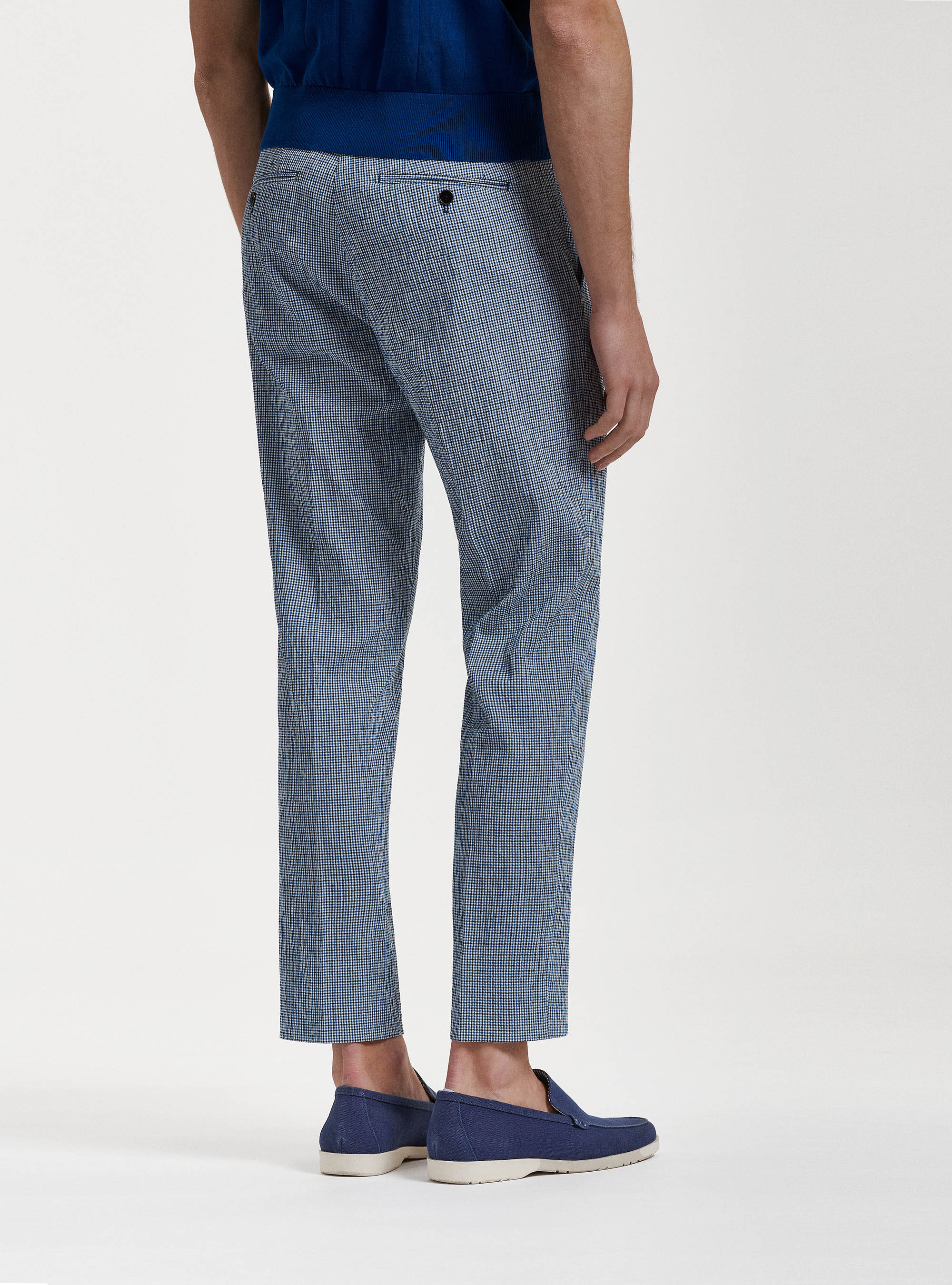 Pantaloni micro quadro seersucker in lino e cotone, BLU