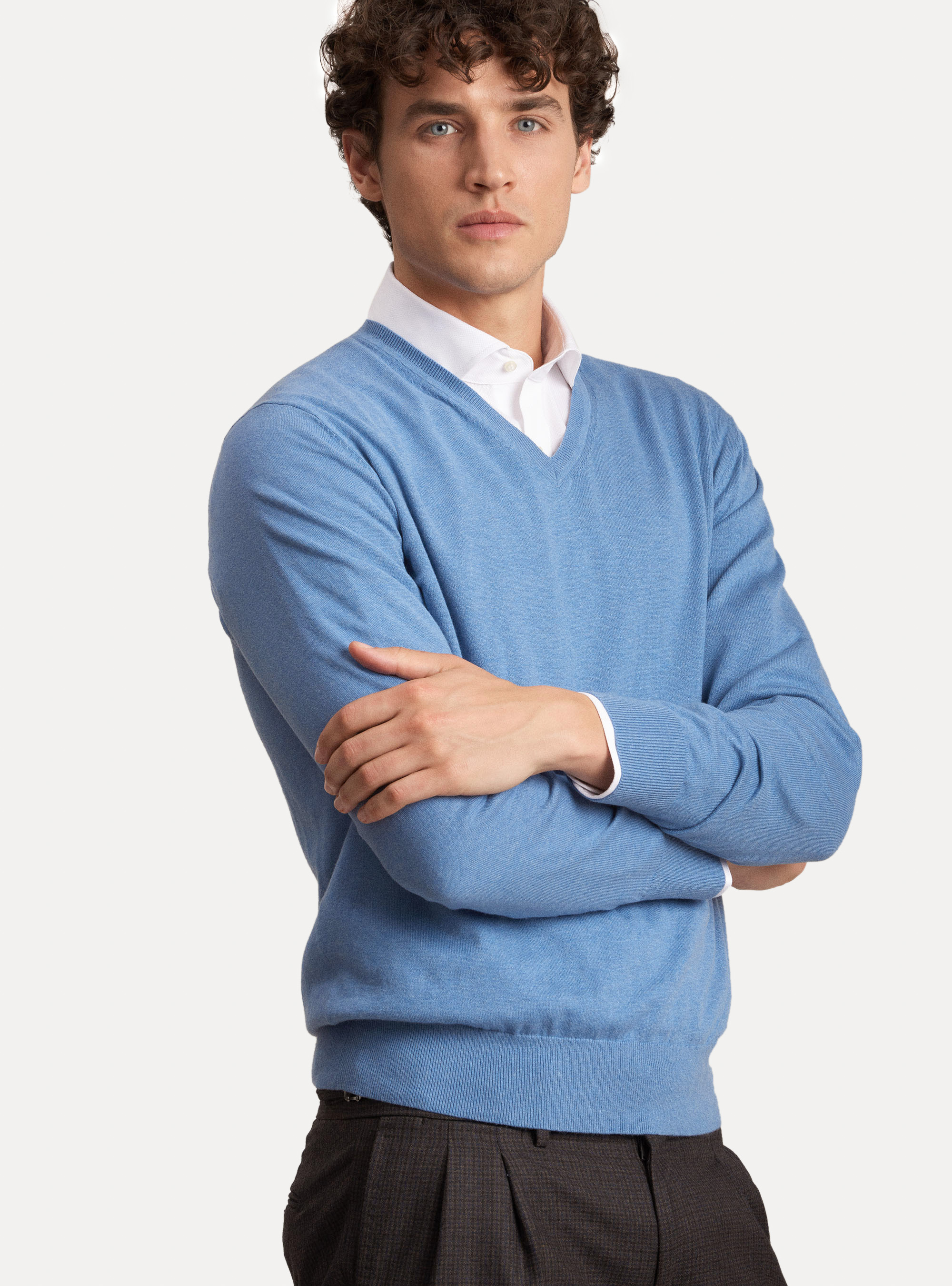 Maglia scollo a V in cotone seta e cashmere, AZZURRO