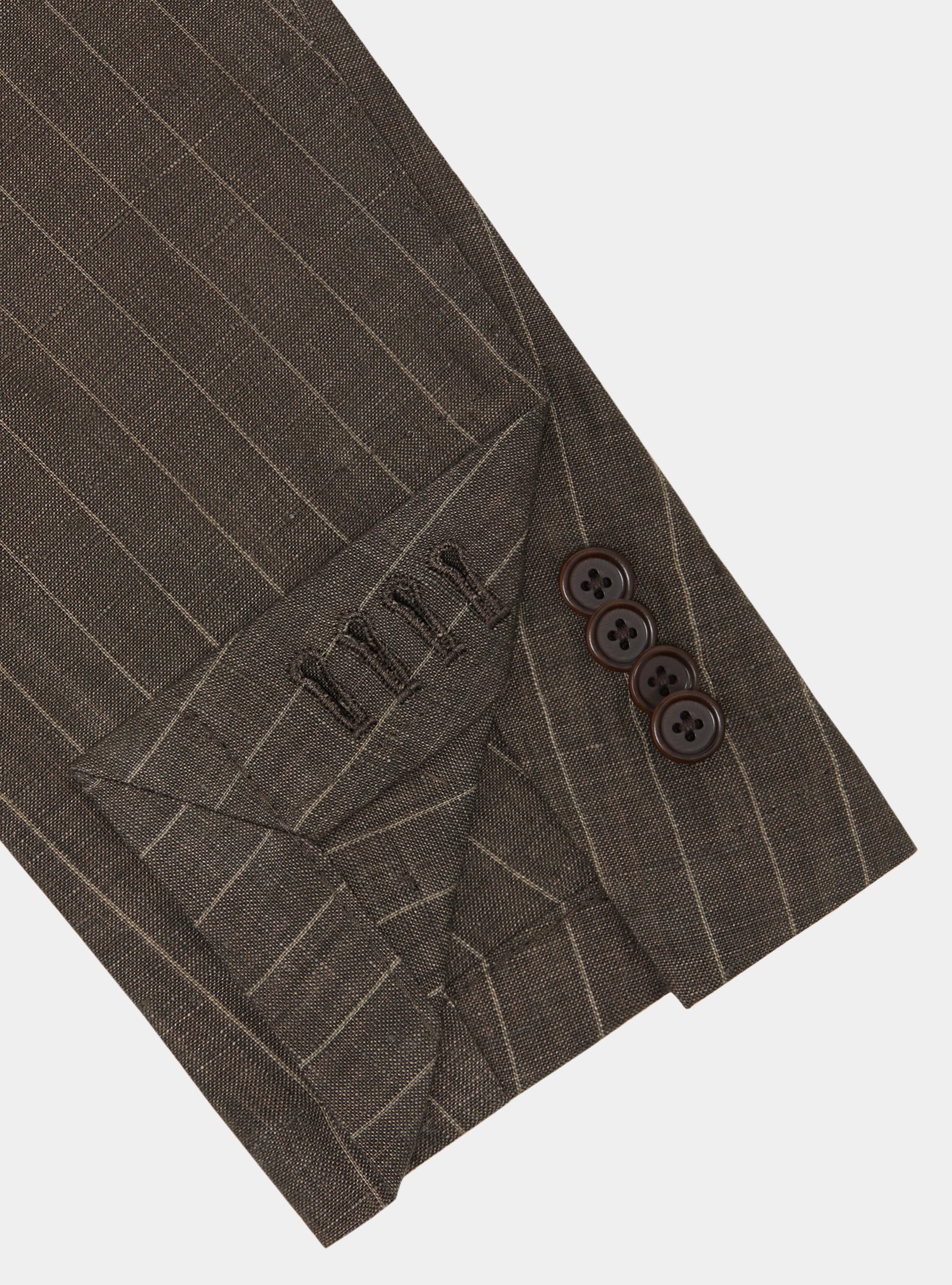 Americana de traje de raya diplom&aacute;tica con doble botonadura en lino delav&eacute;, MARRON