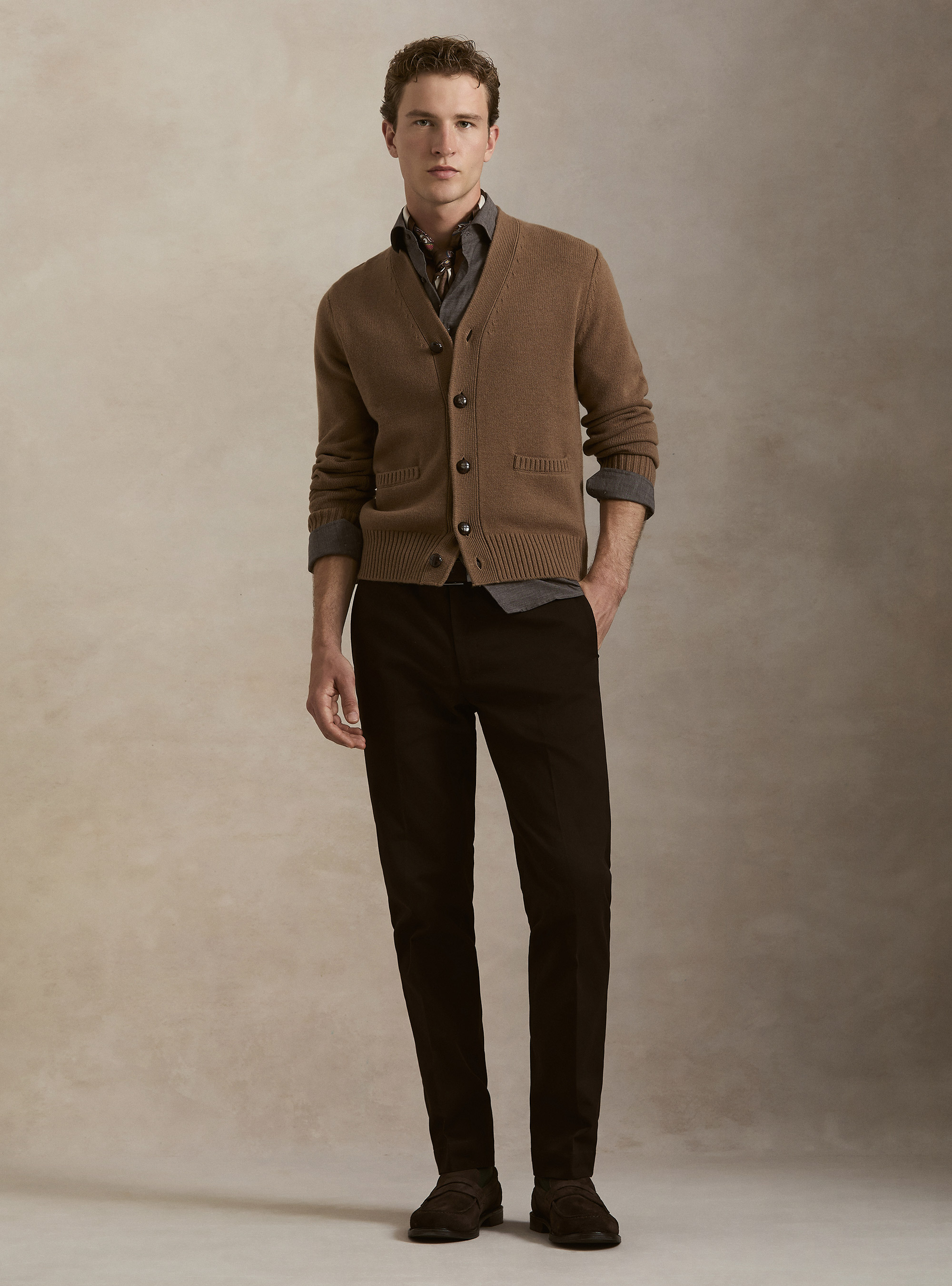 Gilet &agrave; boutons en laine et cachemire, NOISETTE