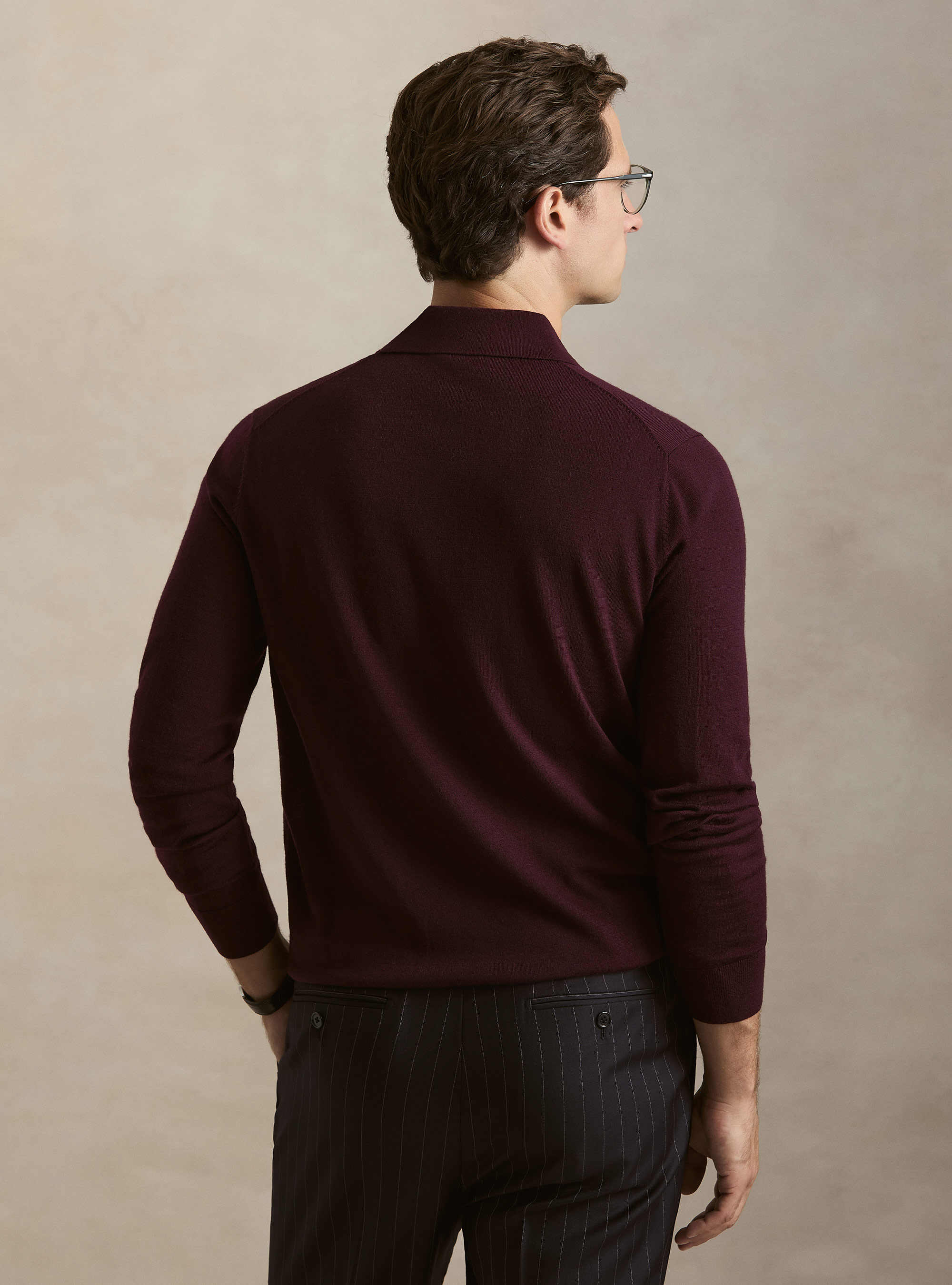 Extrafine merino wool knit polo shirt, BORDEAUX