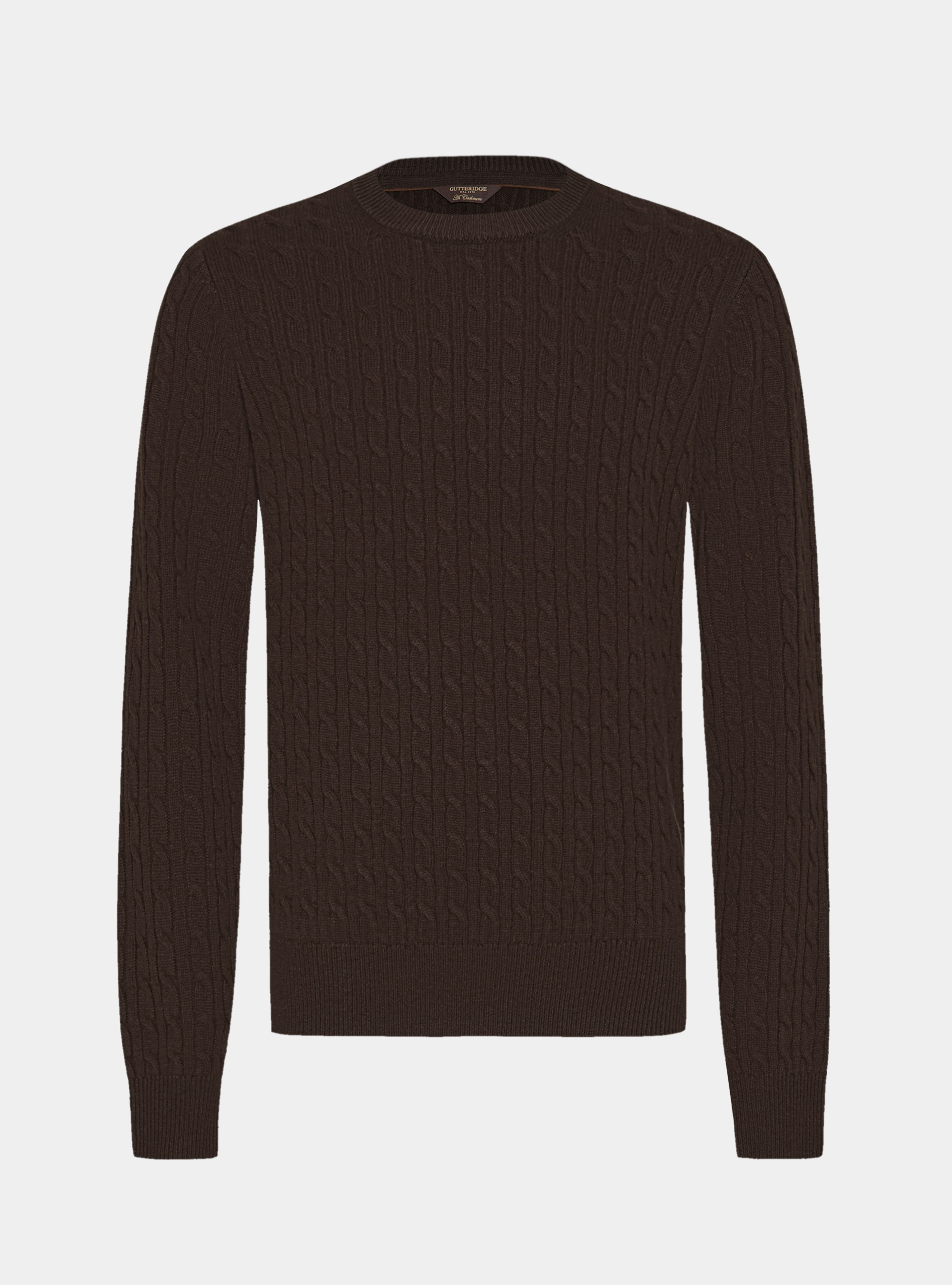 Girocollo in maglia con treccia in lana cashmere, MARRONE