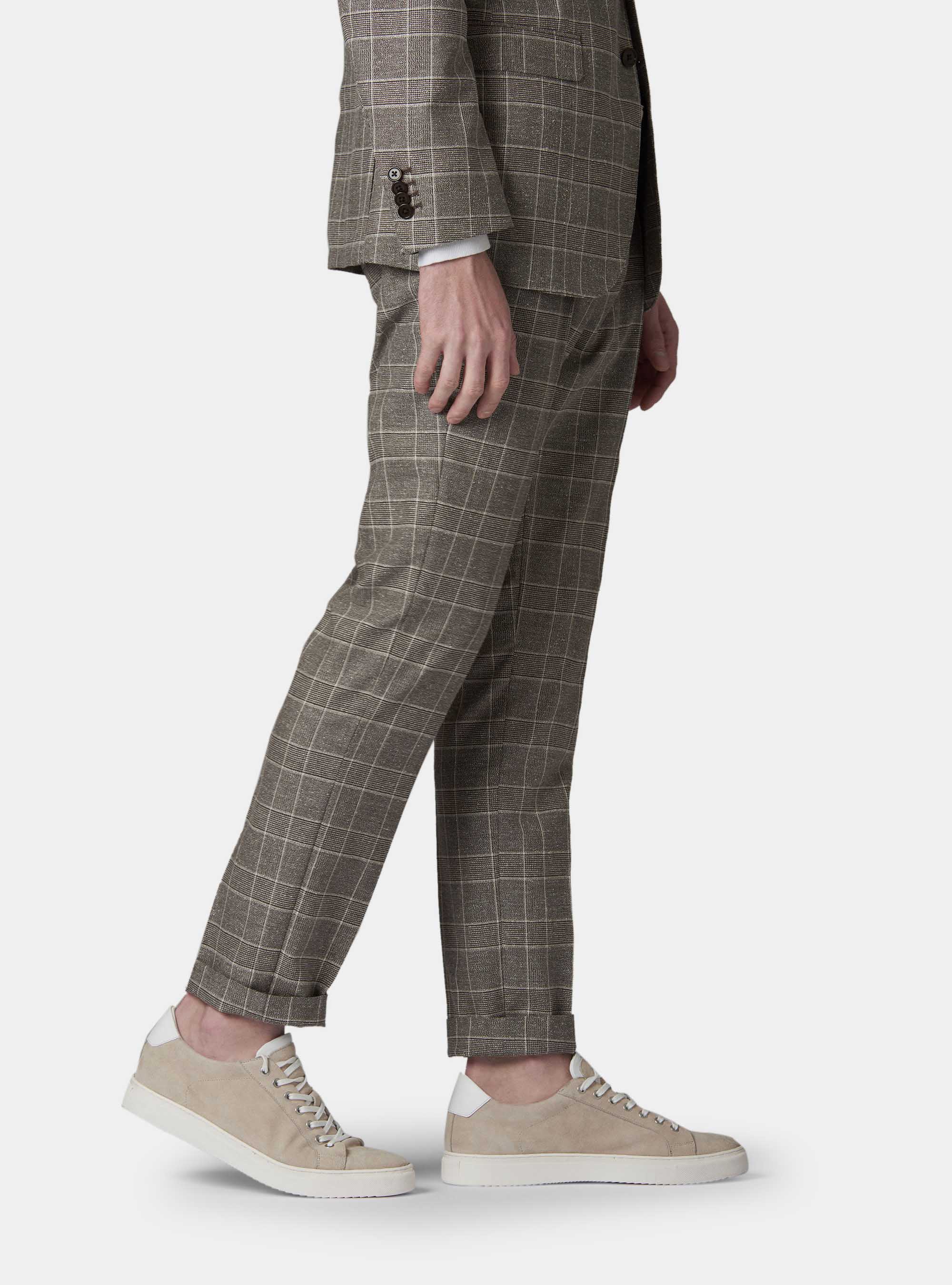 Pantaloni per abito in principe di galles lana bouclè e seta, ECRU