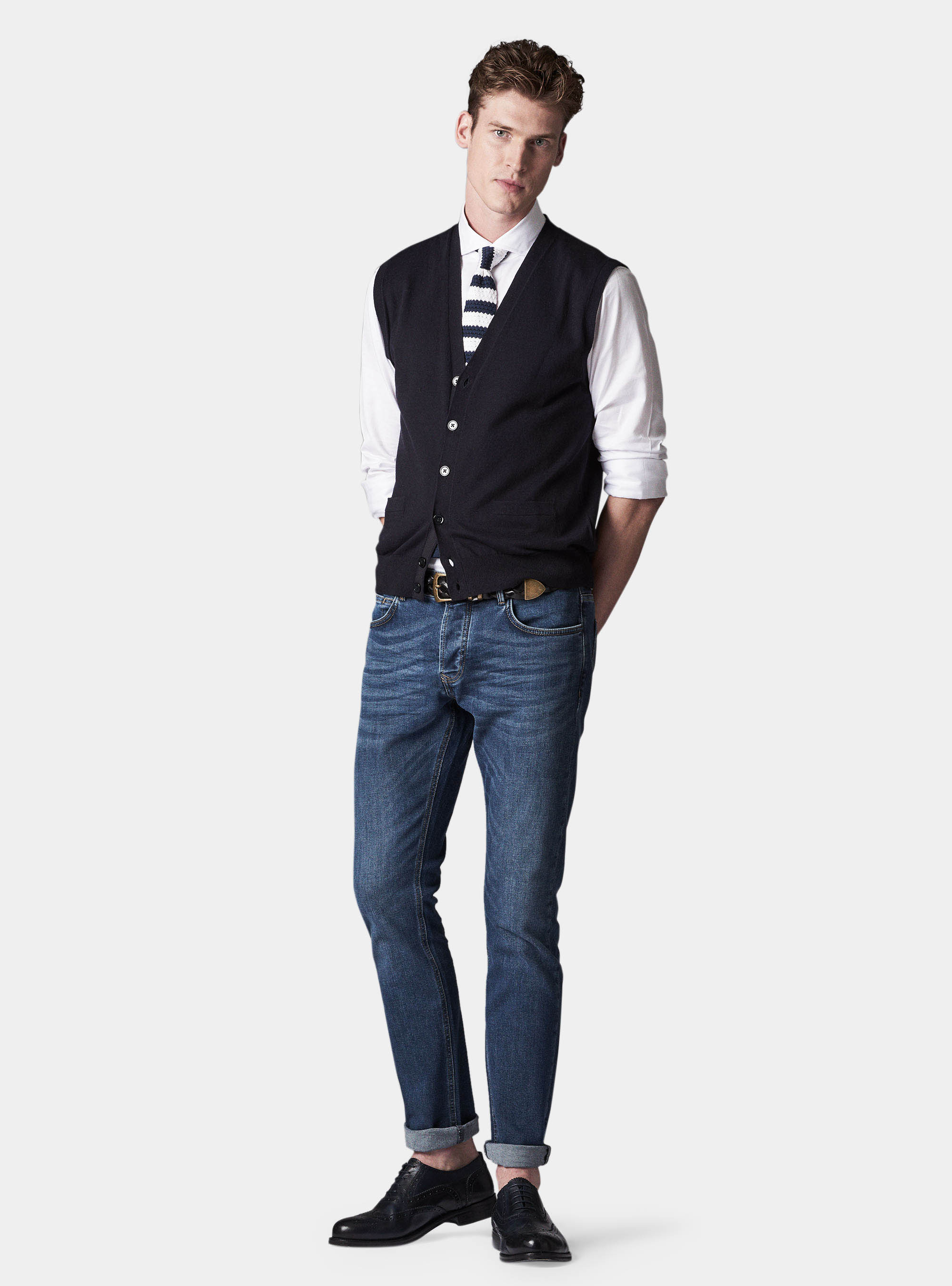 Gilet in maglia in cotone e lino, BLU NAVY