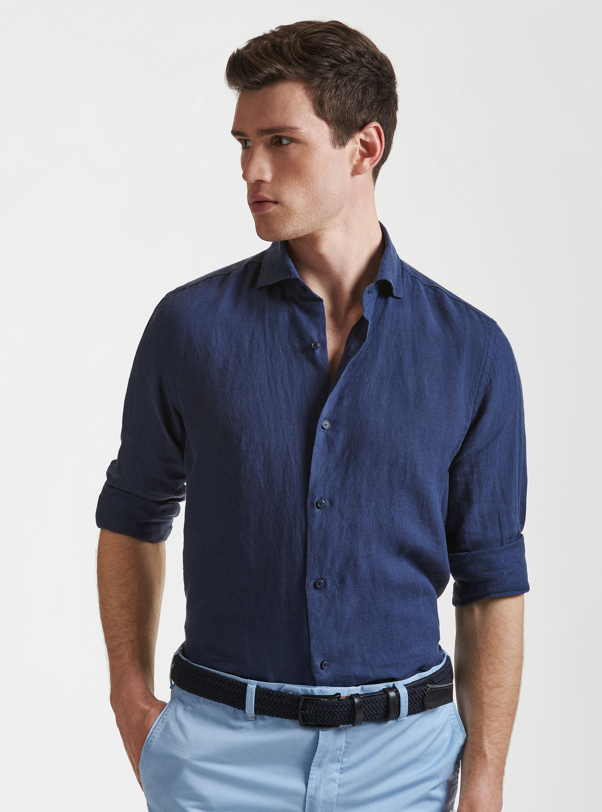 Semi-French collar shirt in pure linen, NAVY BLUE