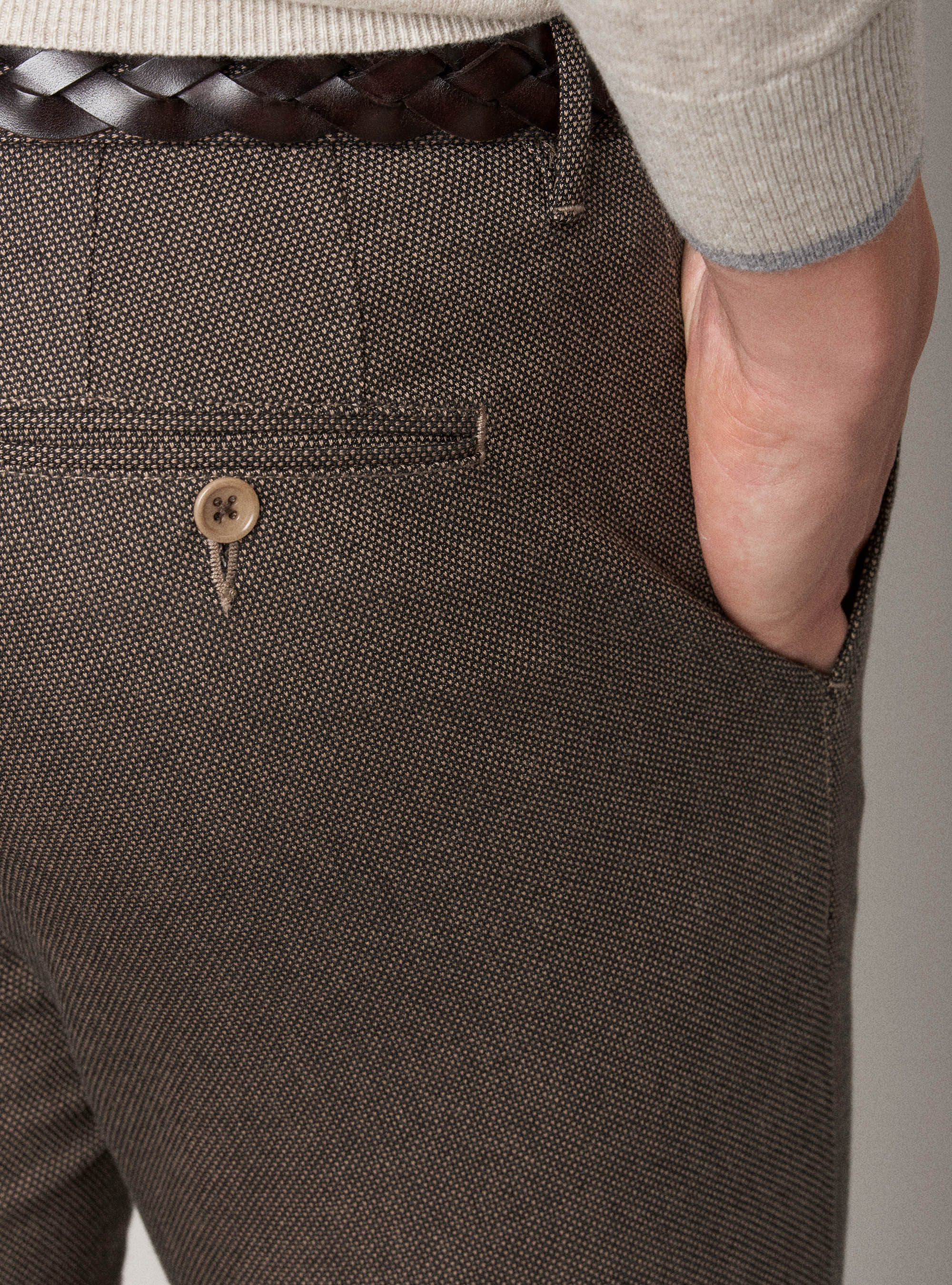 Pantaloni slack in misto cotone armaturato tinto filo, FANGO