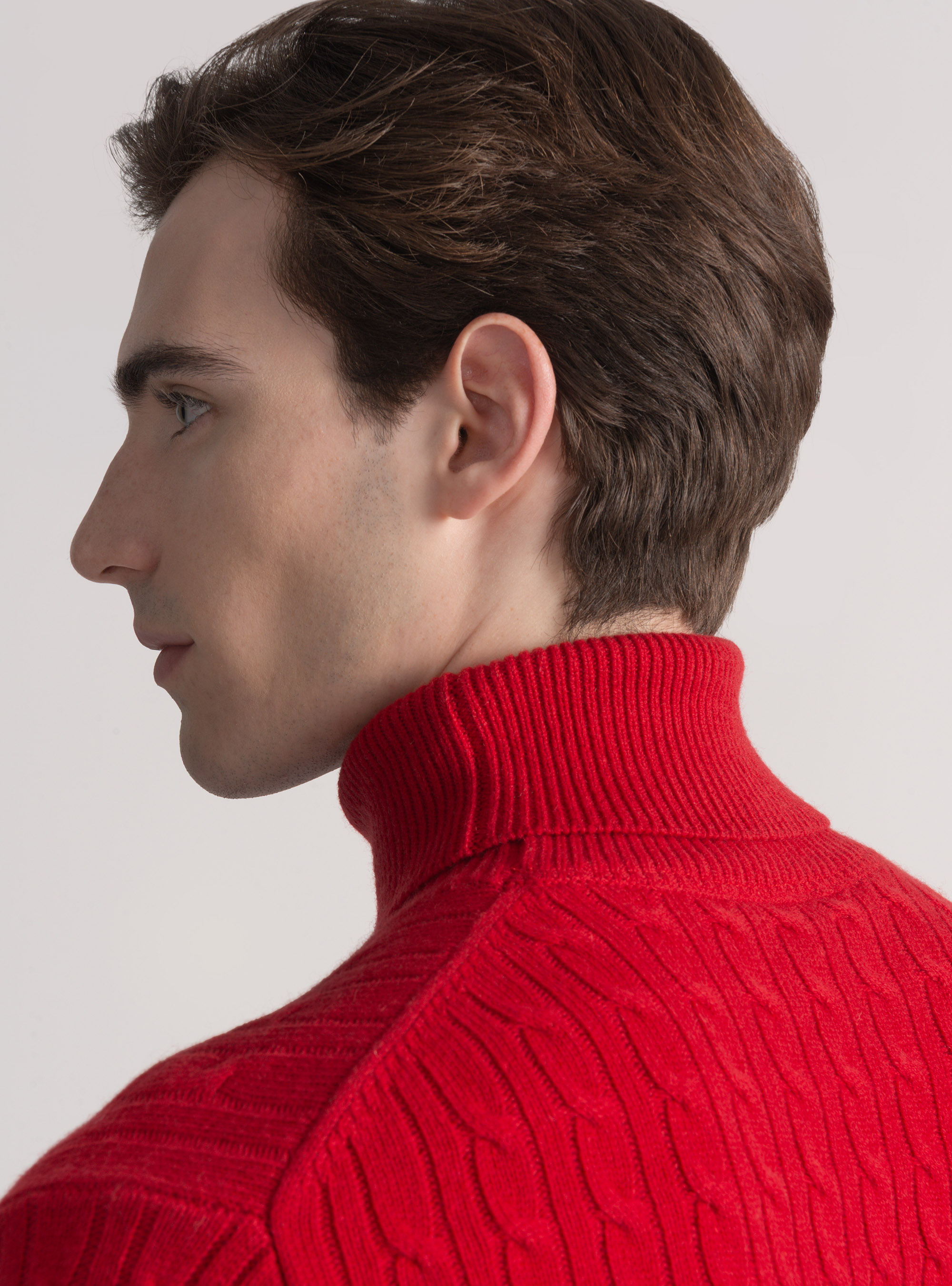 Maglia collo alto con treccia in lana cashmere, ROSSO
