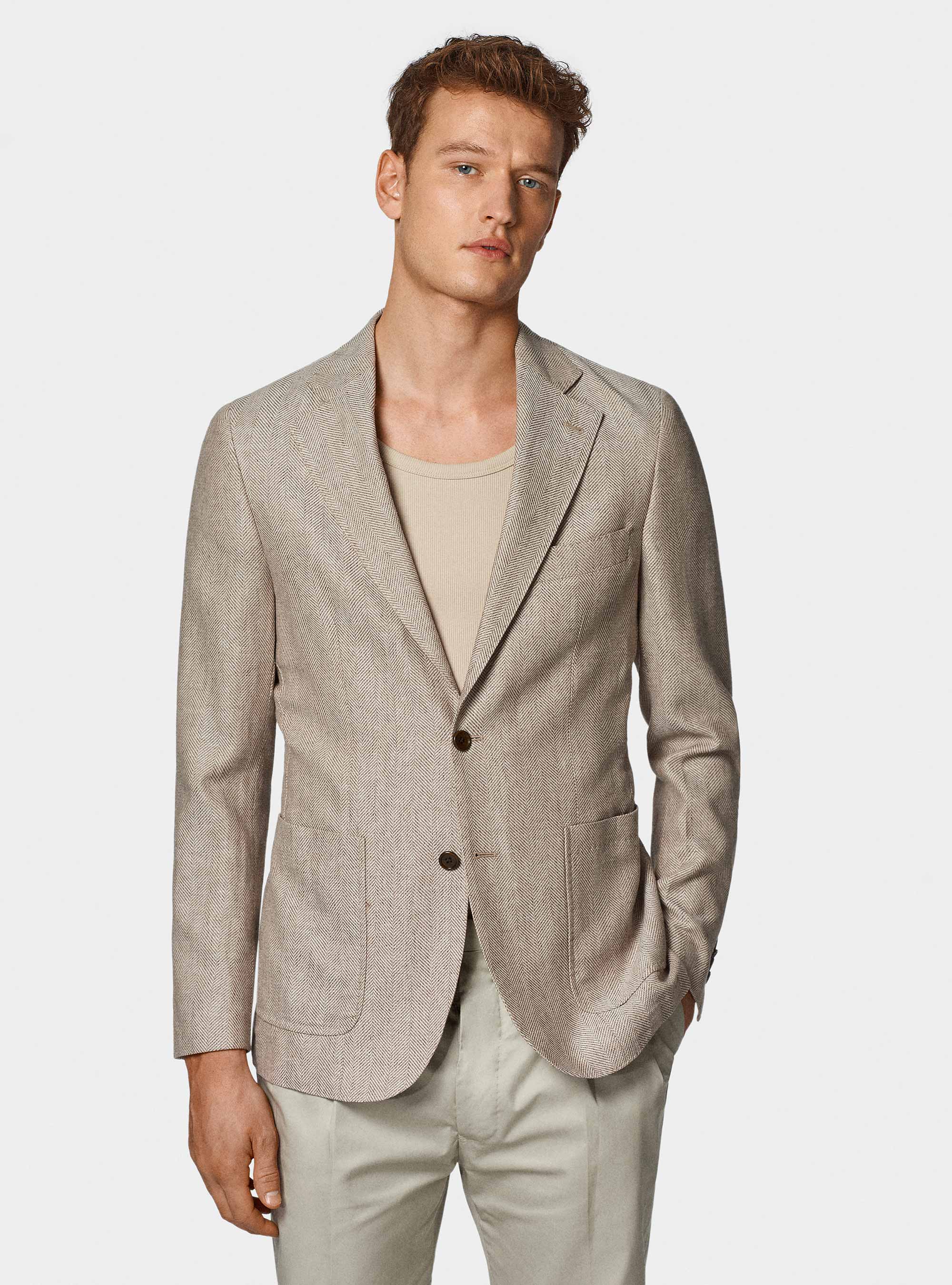 Giacca spigata in lino e cotone, TABACCO