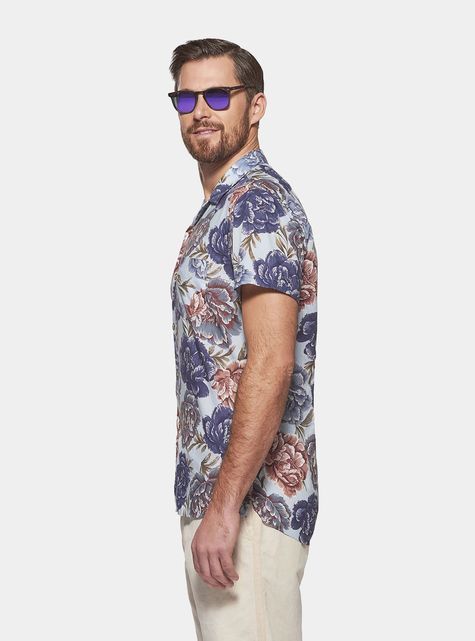 Camicia collo bowling in cotone stampato, MULTICOLORE