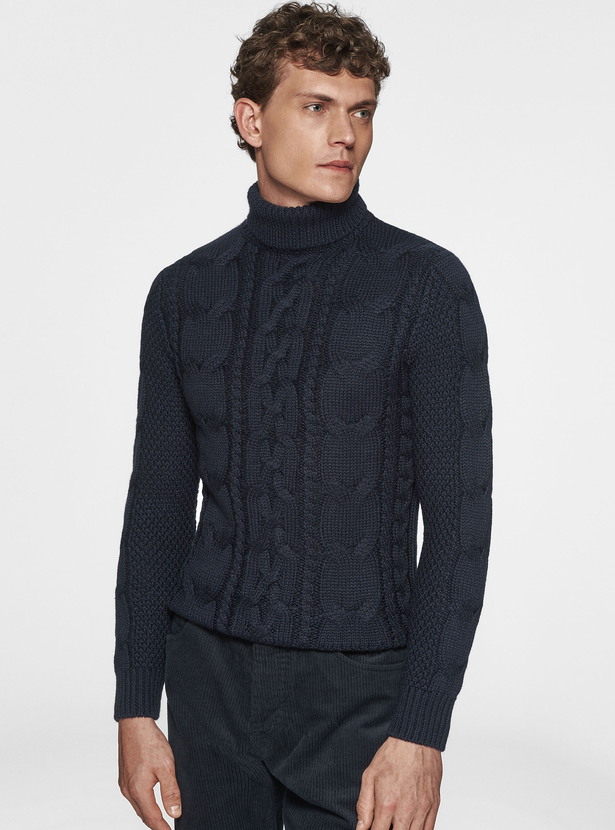 Maglia collo alto in misto lana con treccia, BLU NAVY