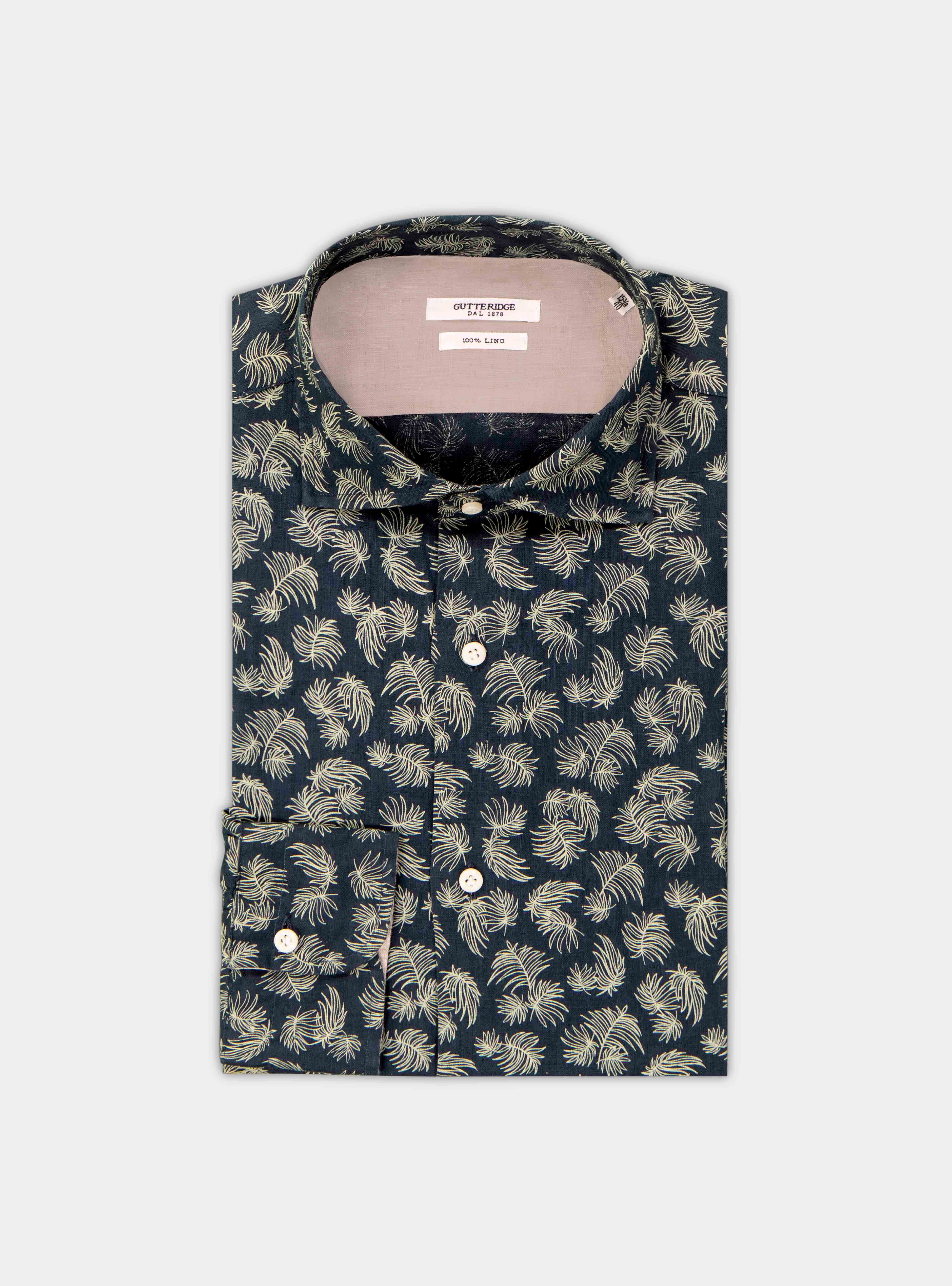 Printed linen french collar shirt, BLUE