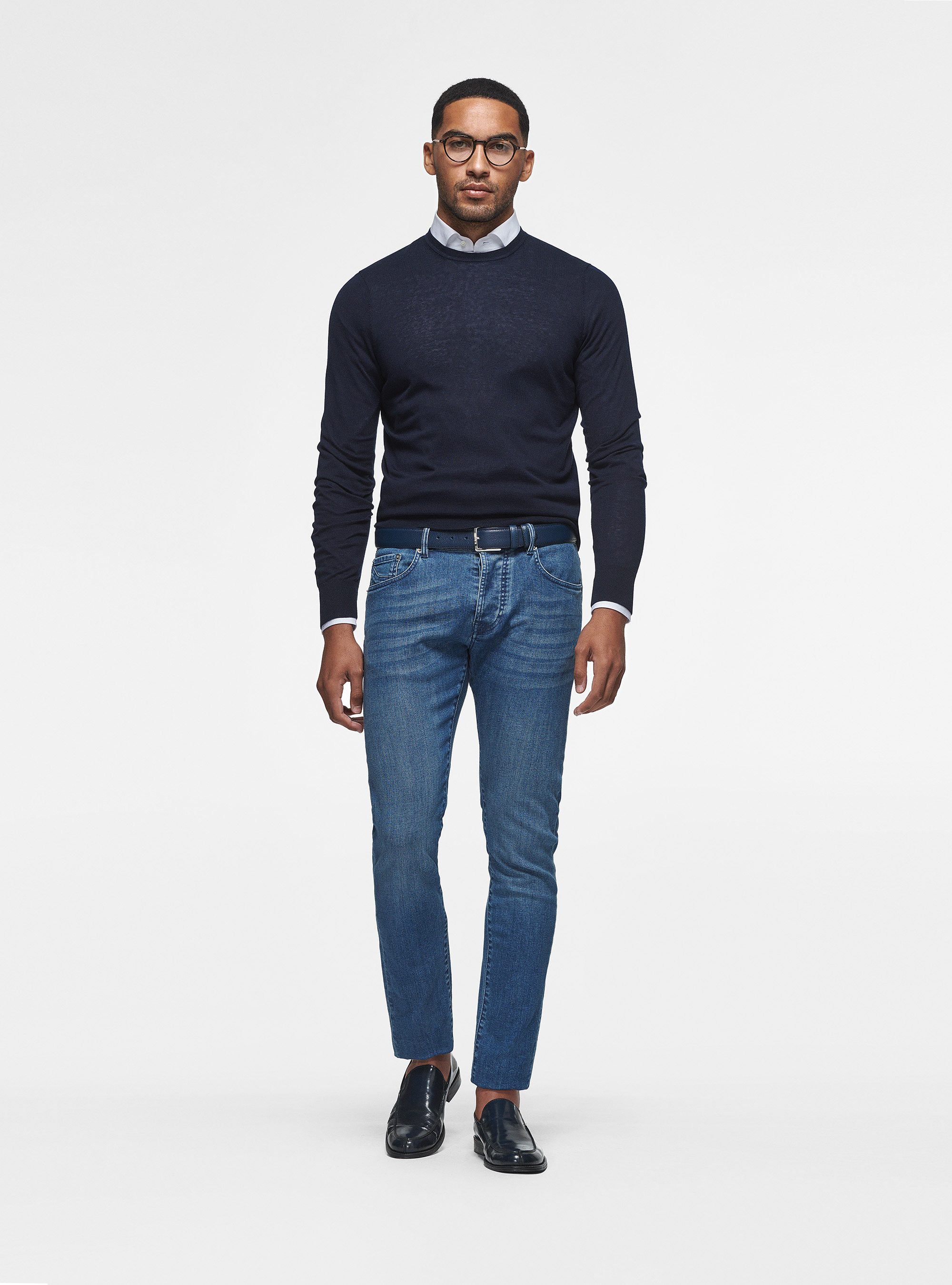 Silk and cotton crew-neck sweater, NAVY BLUE