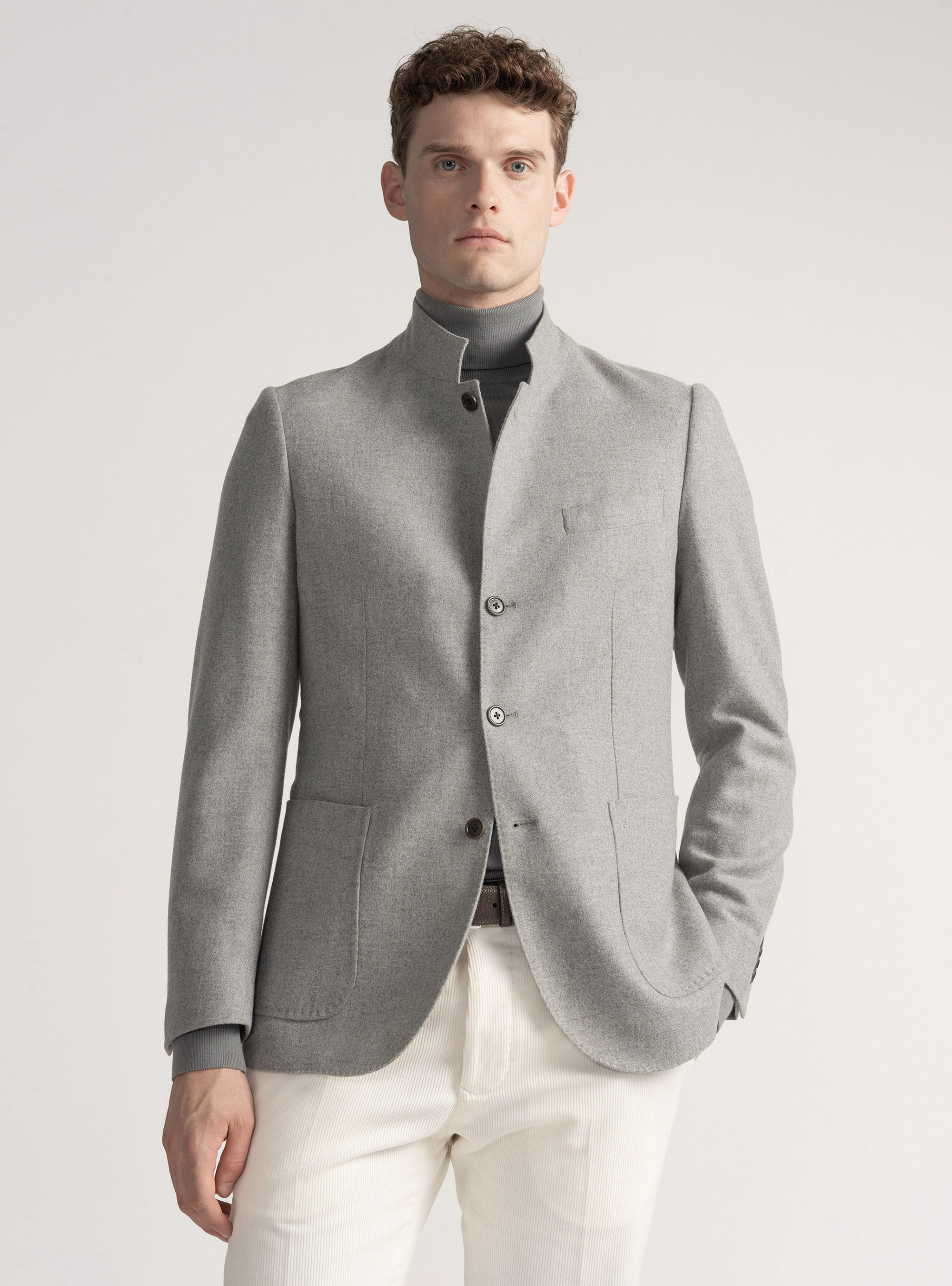 Giacca coreana in flanella di lana leggera, GRIGIO CHIARO