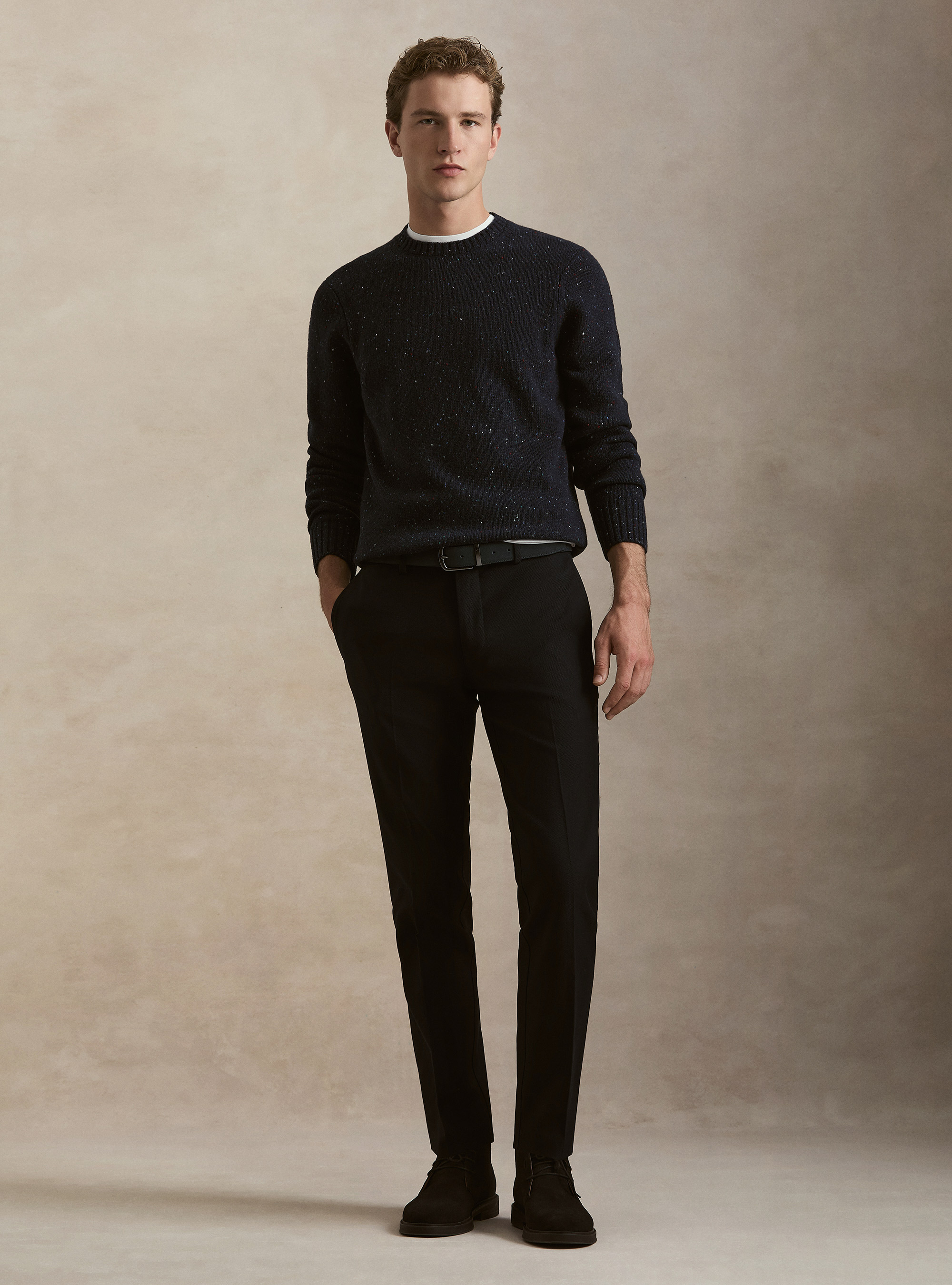 Donegal-style merino wool blend crewneck sweater, NAVY BLUE
