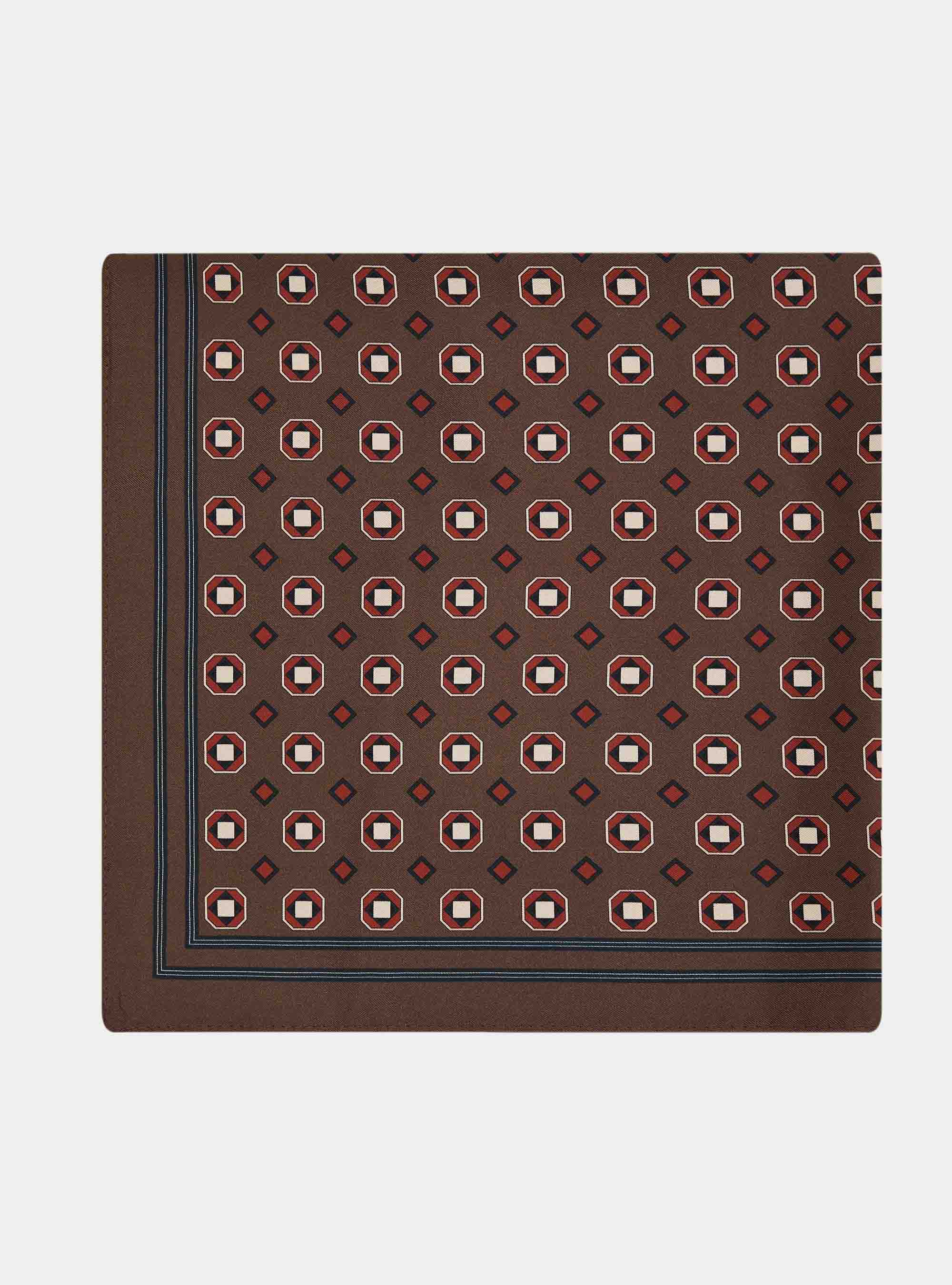 Foulard stampato in seta fantasia geometrica, BROWN