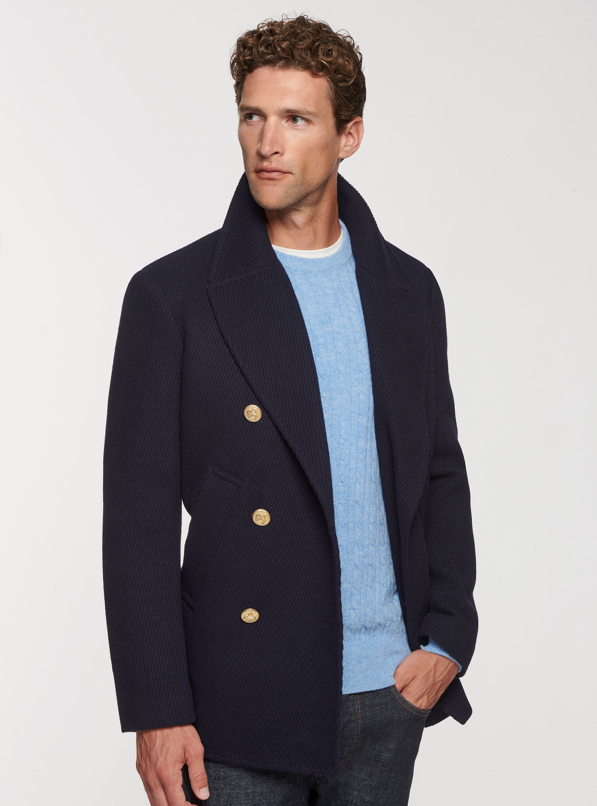 Peacoat in lana diagonale, BLU NAVY