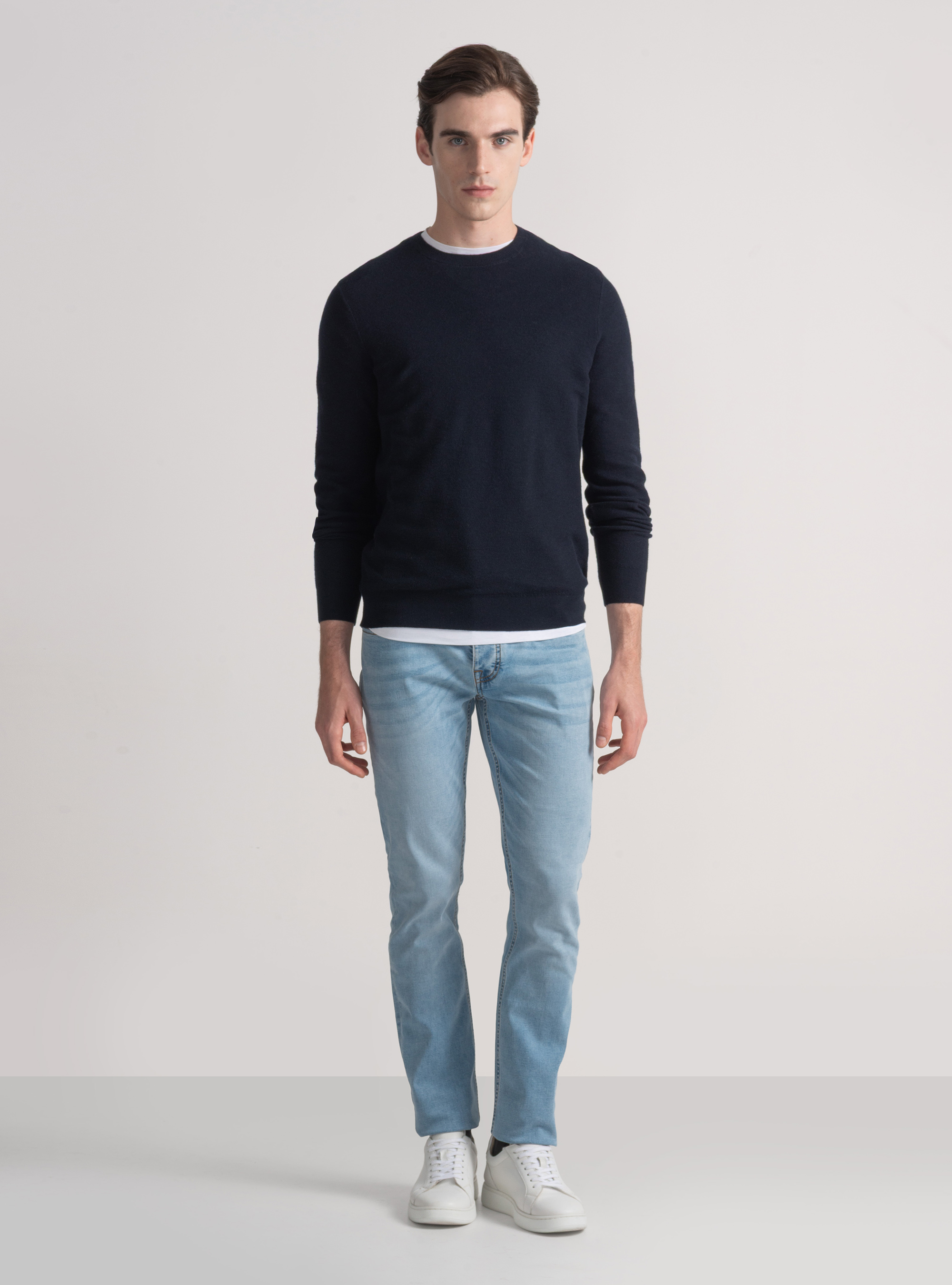 Trikot mit Rundhalsausschnitt aus Baumwolle und Kaschmir mit Wabenmuster, NAVY 0218C