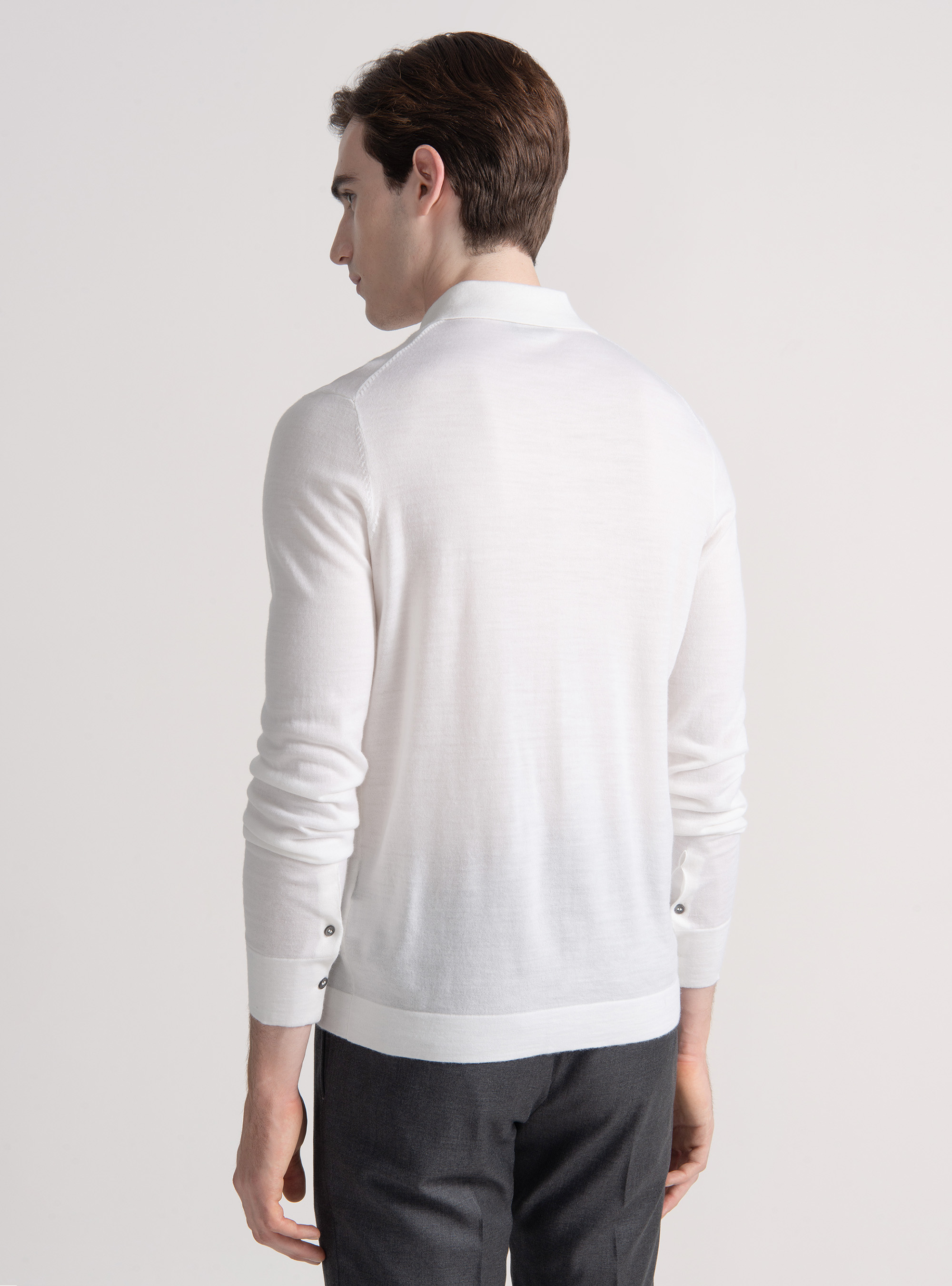 Polo camicia in maglia lana merino extrafine, BIANCO