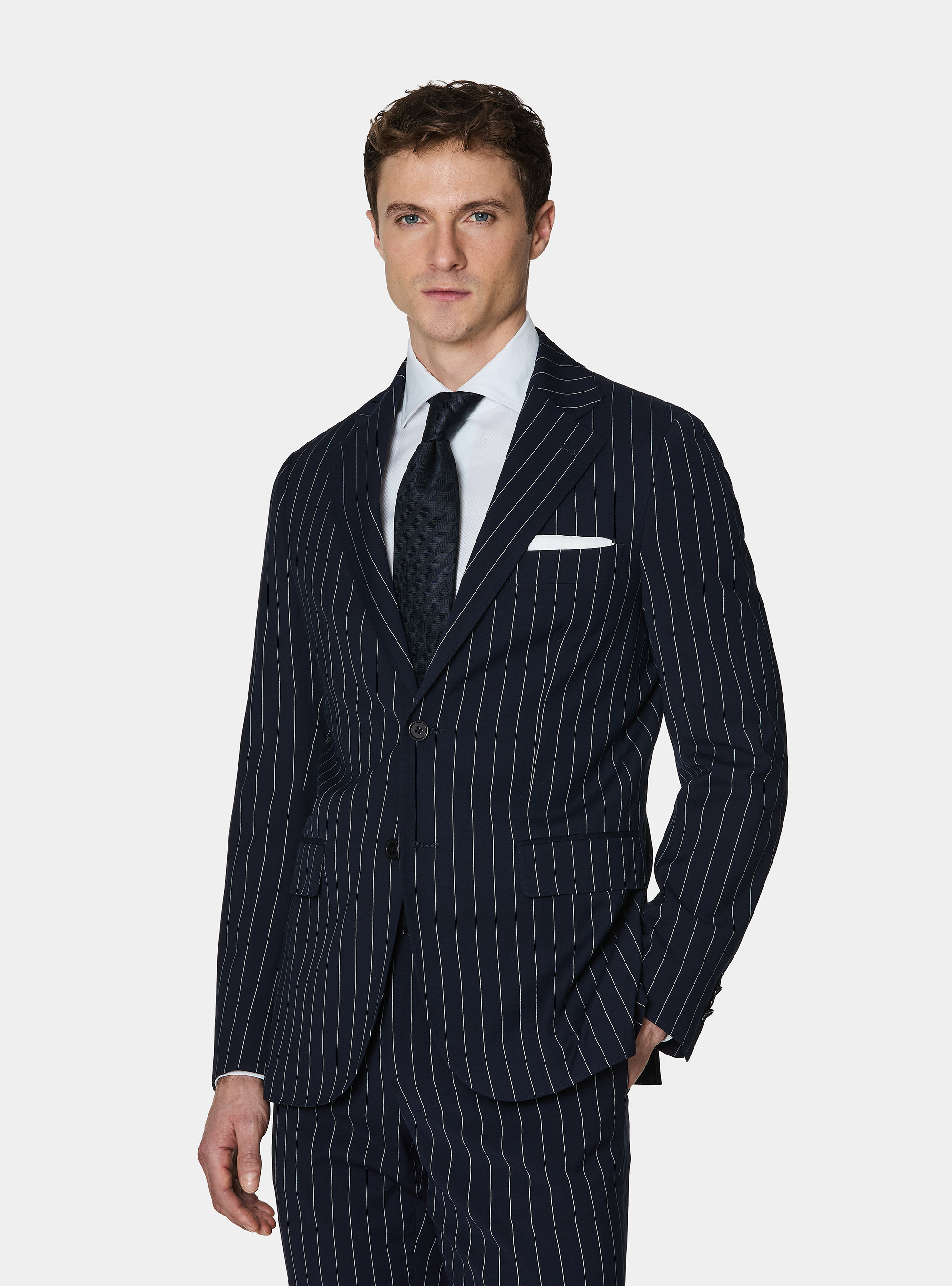 Single-breasted pinstriped suit blazer, NAVY BLUE