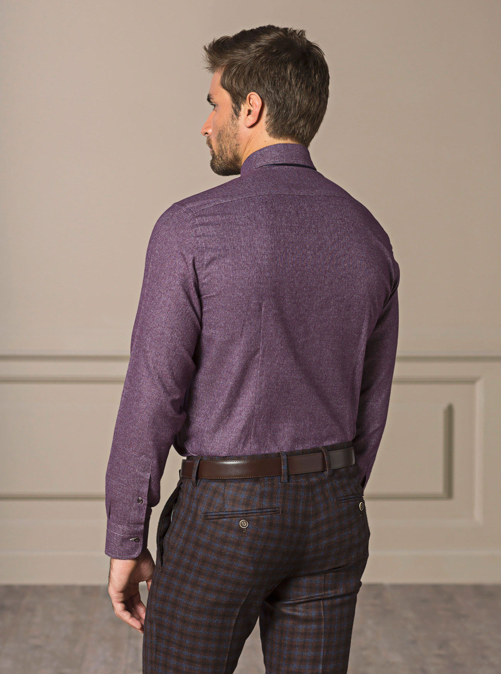 Camicia collo francese in flanella di cotone, BORDEAUX