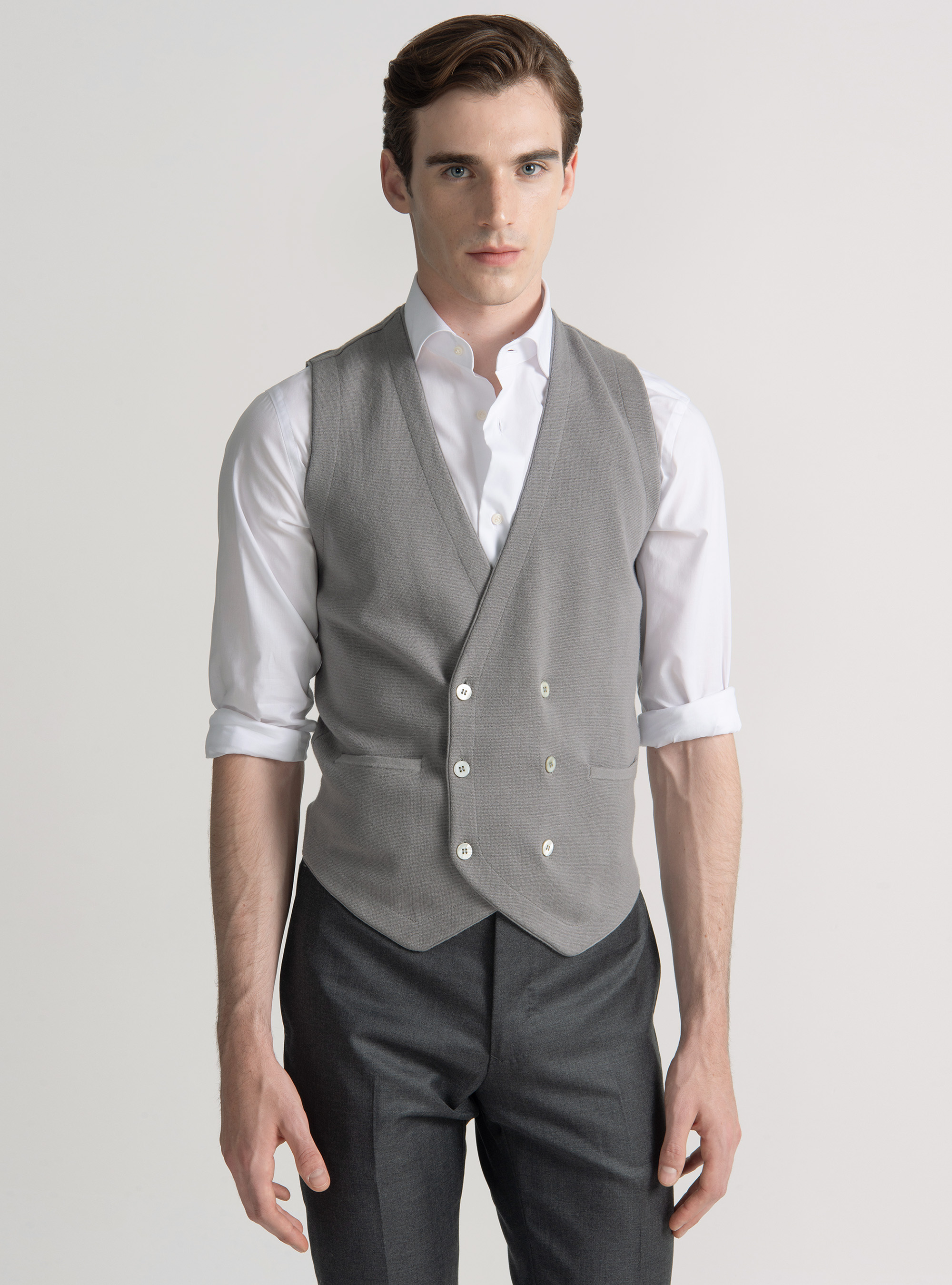 Double-breasted cotton and cashmere knit gilet, GREY