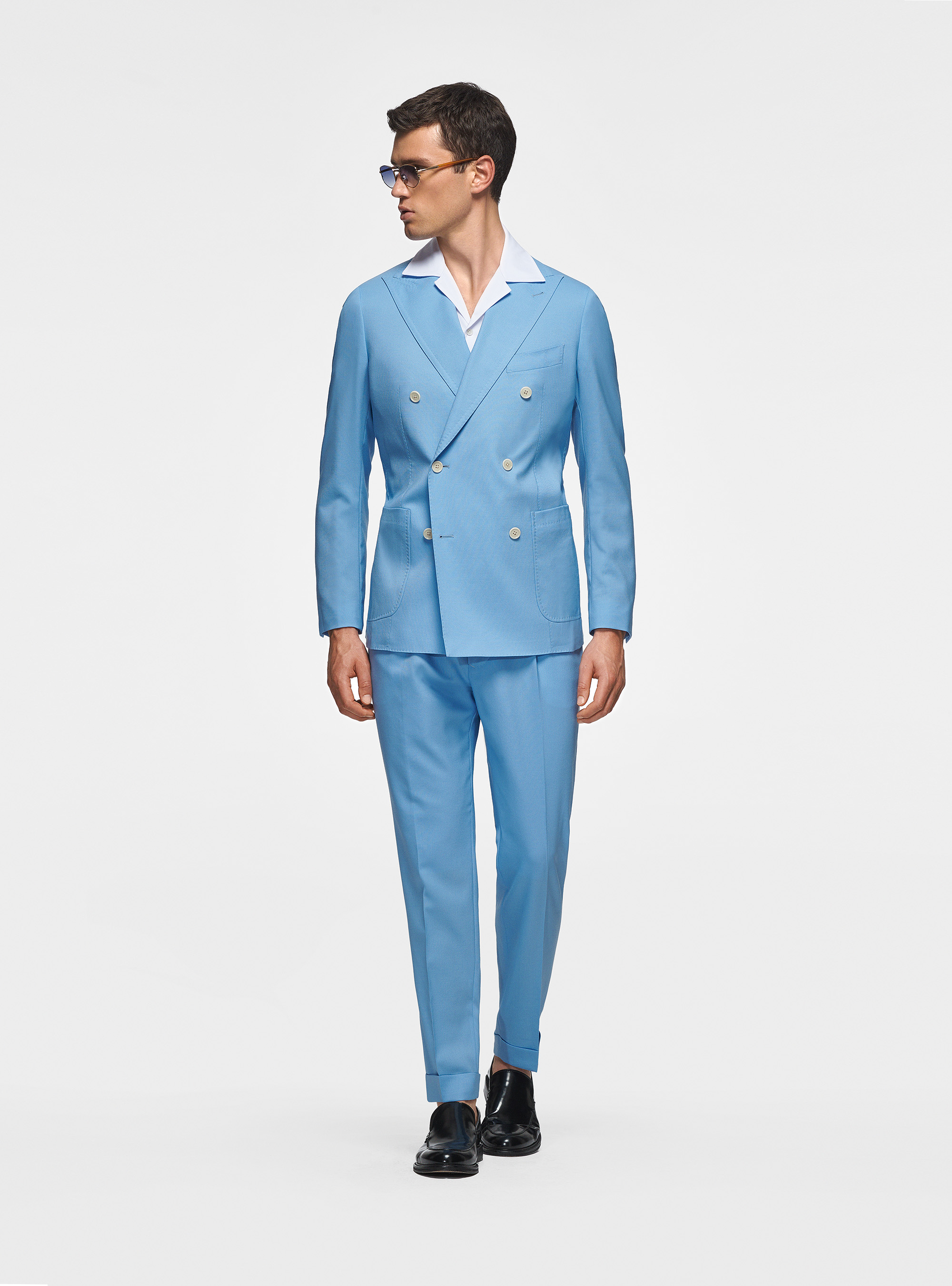 Giacca doppiopetto in pura lana, AZZURRO
