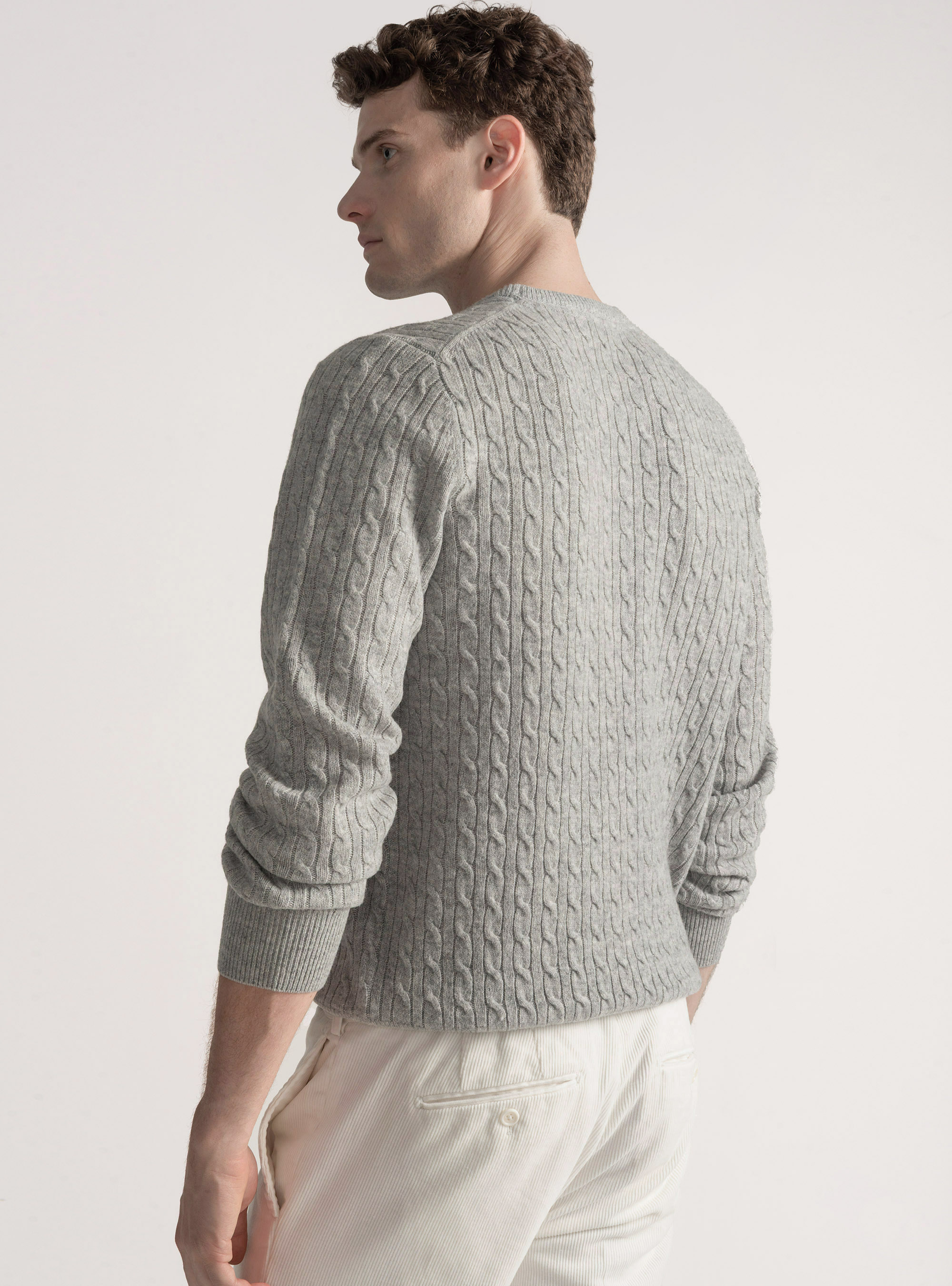 Cashmere wool crew-neck sweater with braid, LIGHT GREY MELANGE