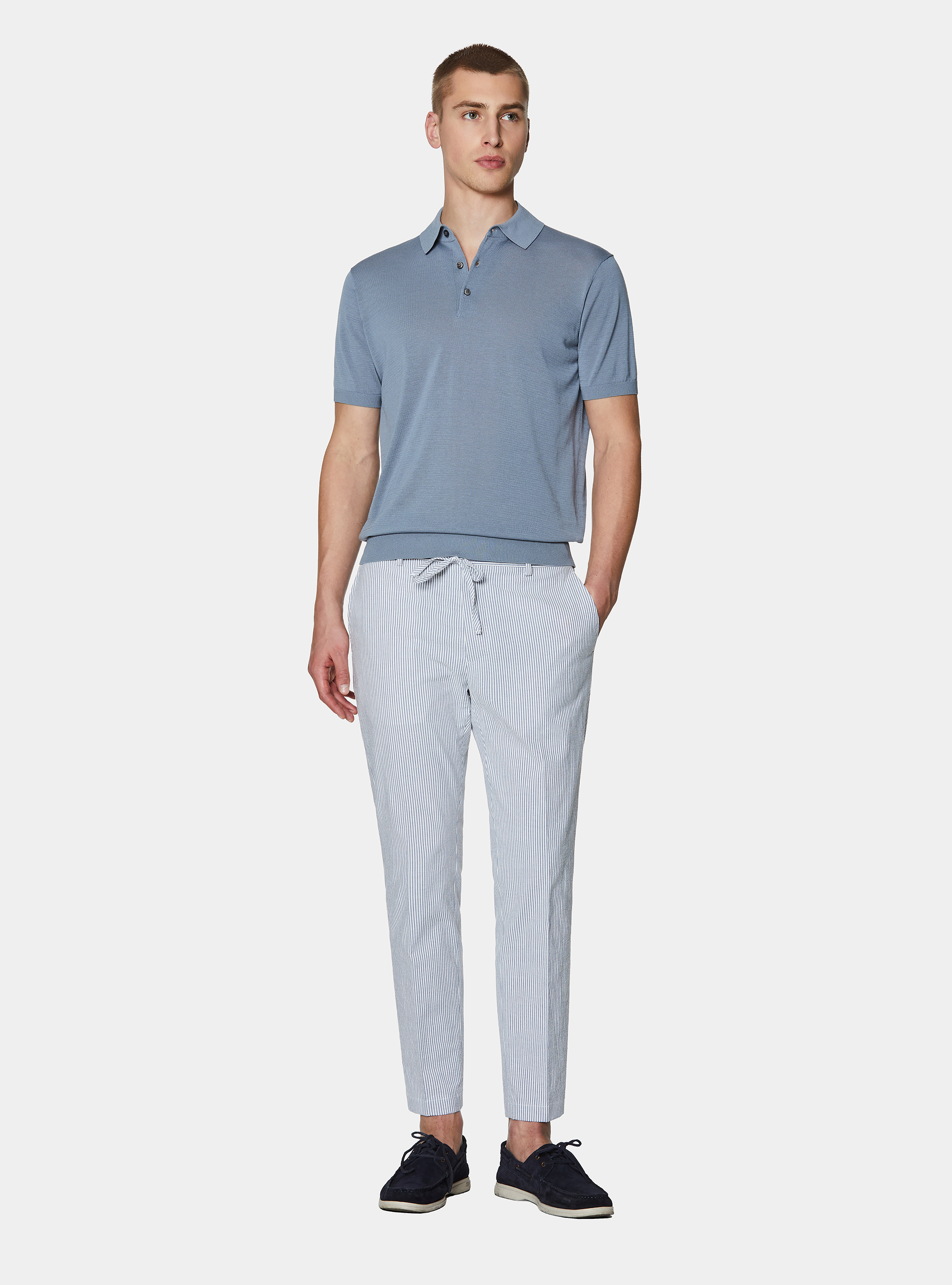 Seersucker cotton blend striped drawstring trousers, BLUE