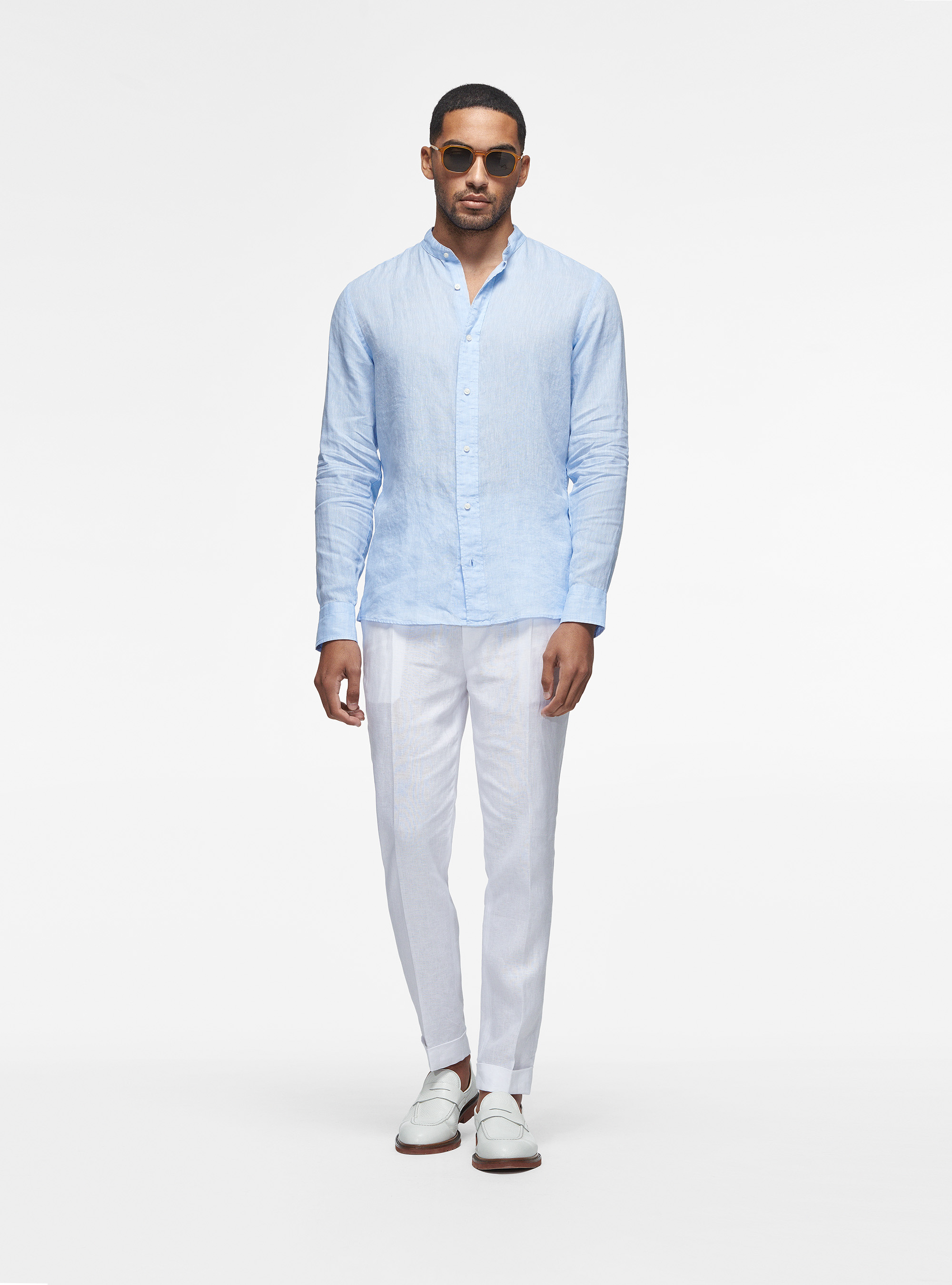 Korean shirt in pure linen, LIGHT BLUE