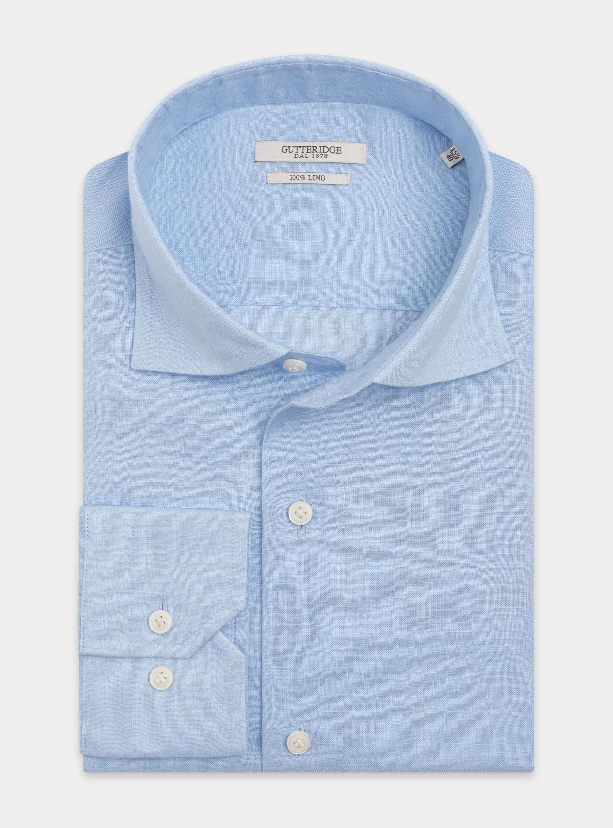 Camisa de lino puro con cuello semifranc&eacute;s, CELESTE