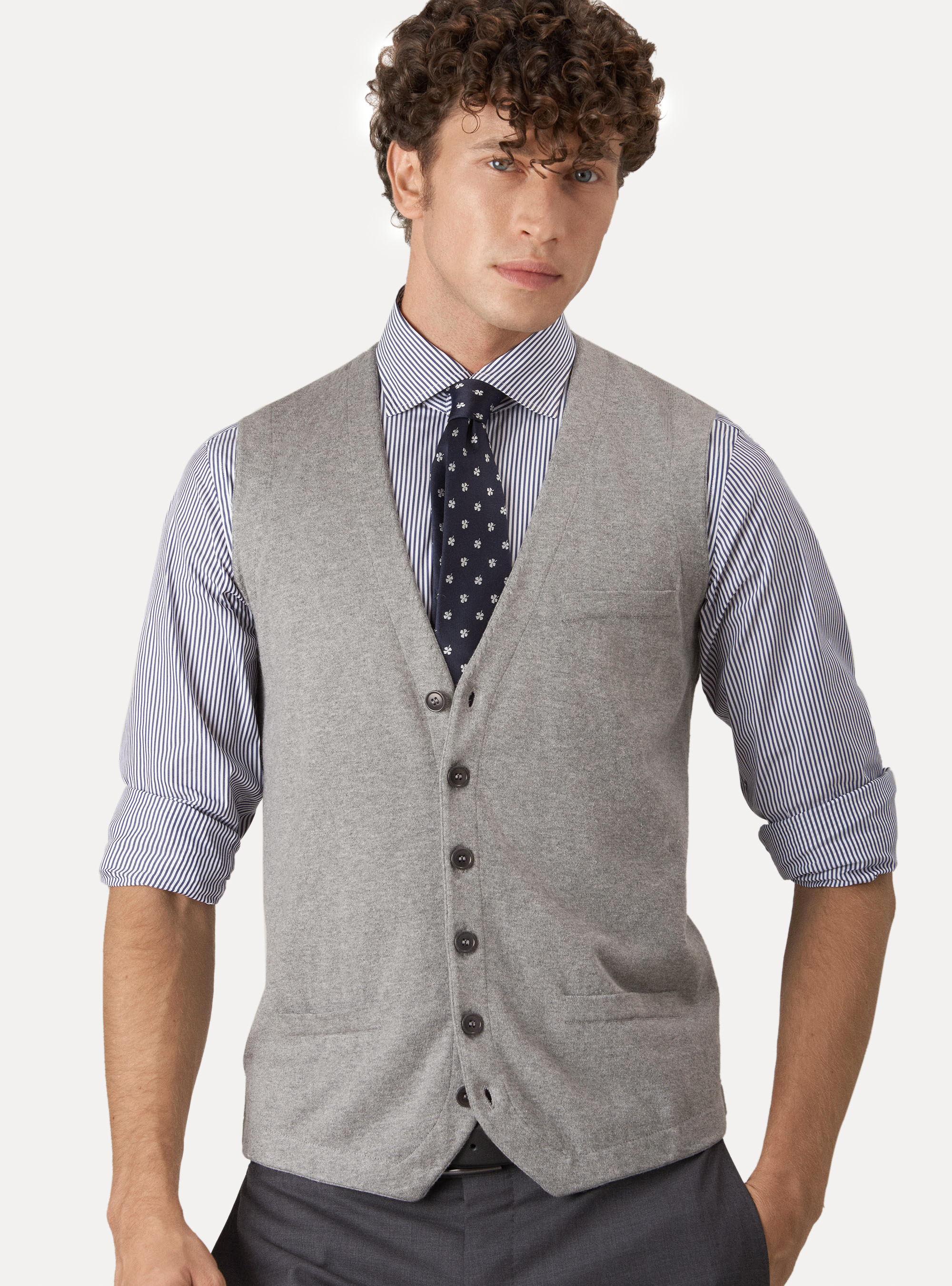 Gilet di maglia in cotone seta e cashmere, GRIGIO CHIARO MELANGE