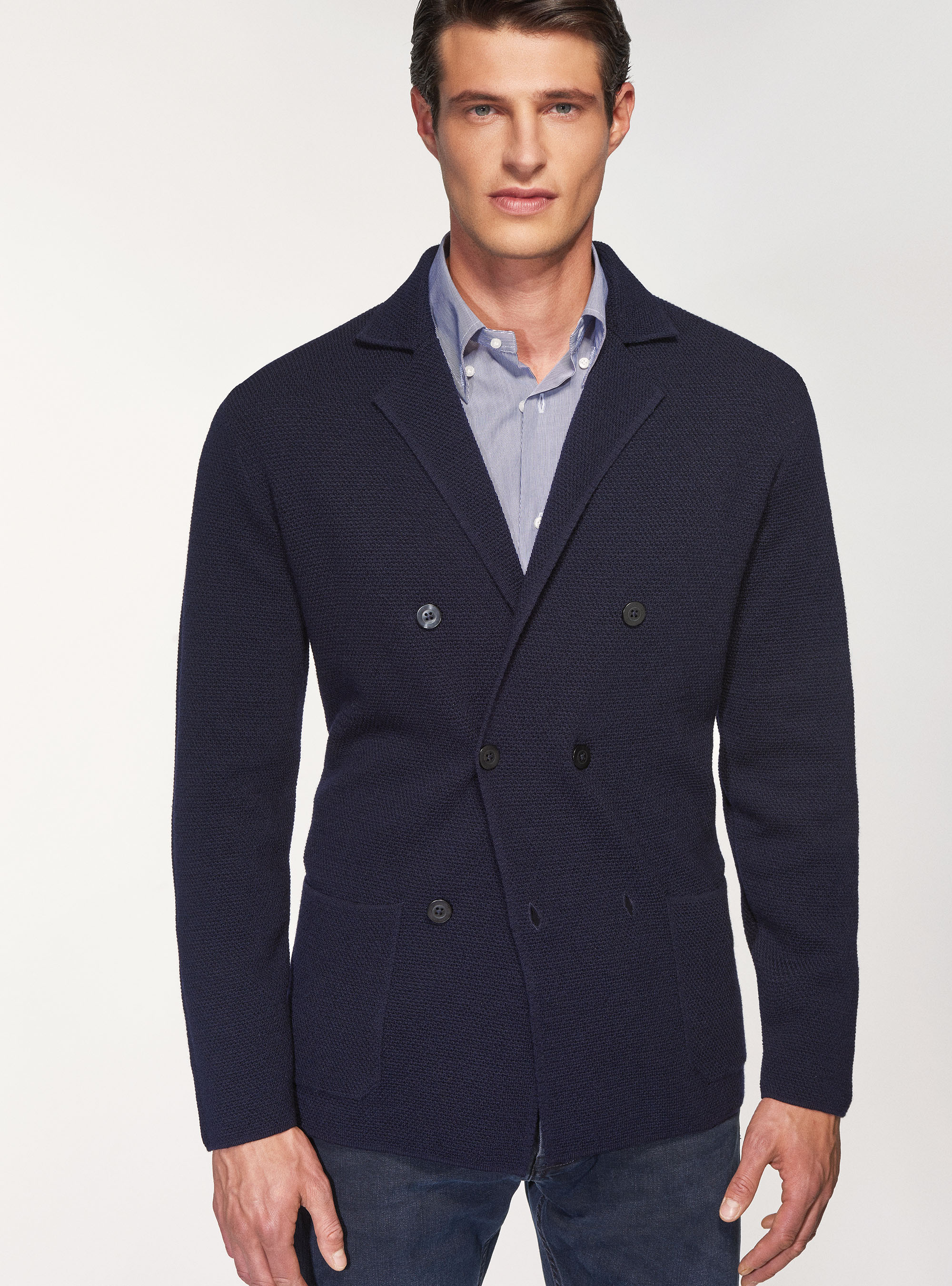 Cardigan in maglia doppiopetto in pura lana merino, BLU NAVY
